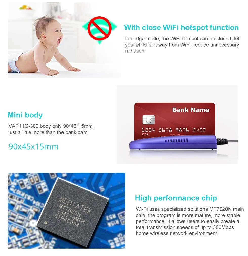 VONETS VAP11G-300 Mini 2,4 GHz WiFi Bridge Repeater Ethernet LAN Most WiFi Hotspot Extender Wzmacniacz sygnału punktu dostępu 300 Mb/s RJ45 Port DC/USB Power dla urządzenia sieciowego DVR