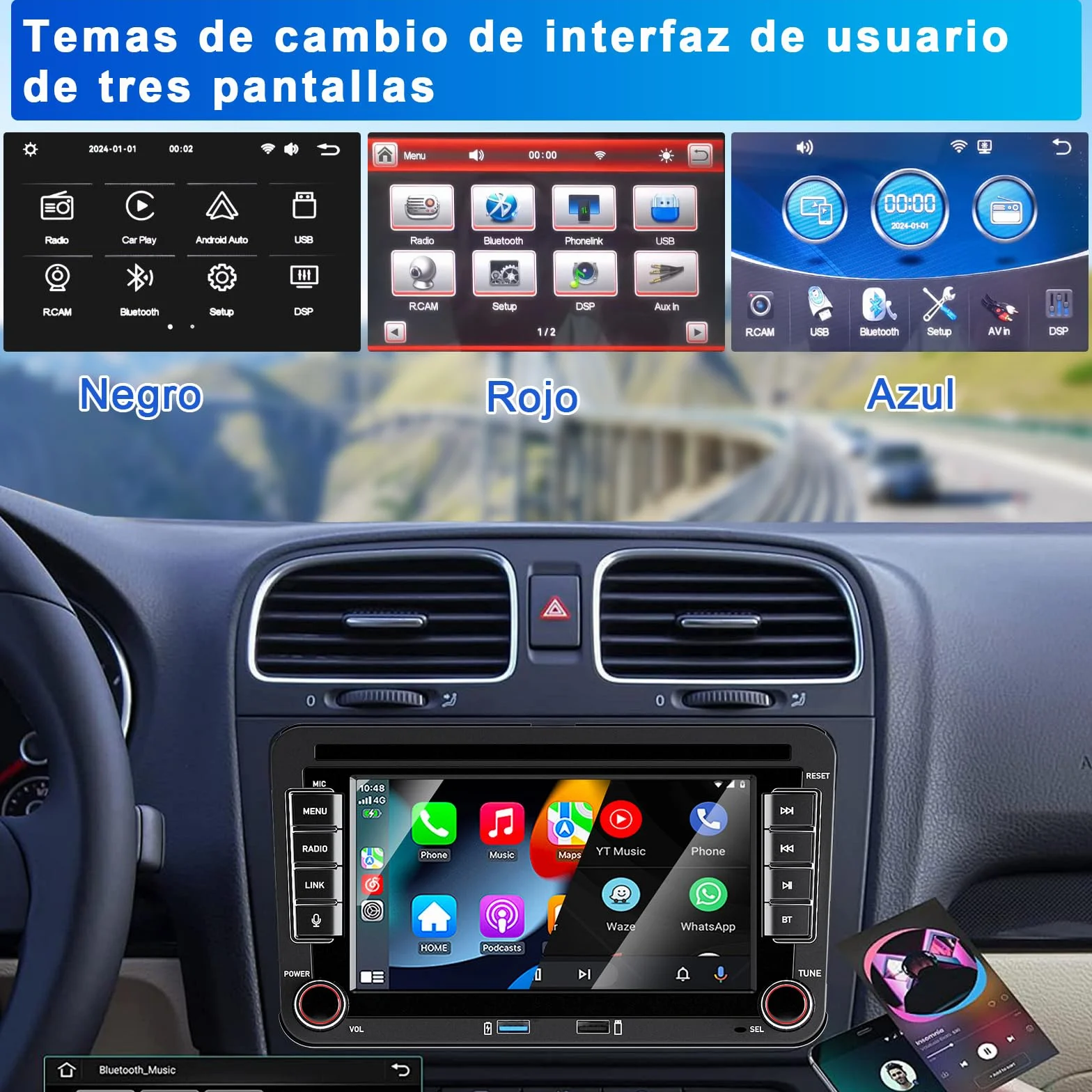 Radio samochodowe Liulbobu do VW Golf 5/6, Passat, Jetta, Caddy, Polo CC, Tiguan, EOS, Scirocco. Bezprzewodowy CarPlay i Android Auto, 7-calowy ekran dotykowy, Bluetooth, FM/AM, USB, DSP, RDS.