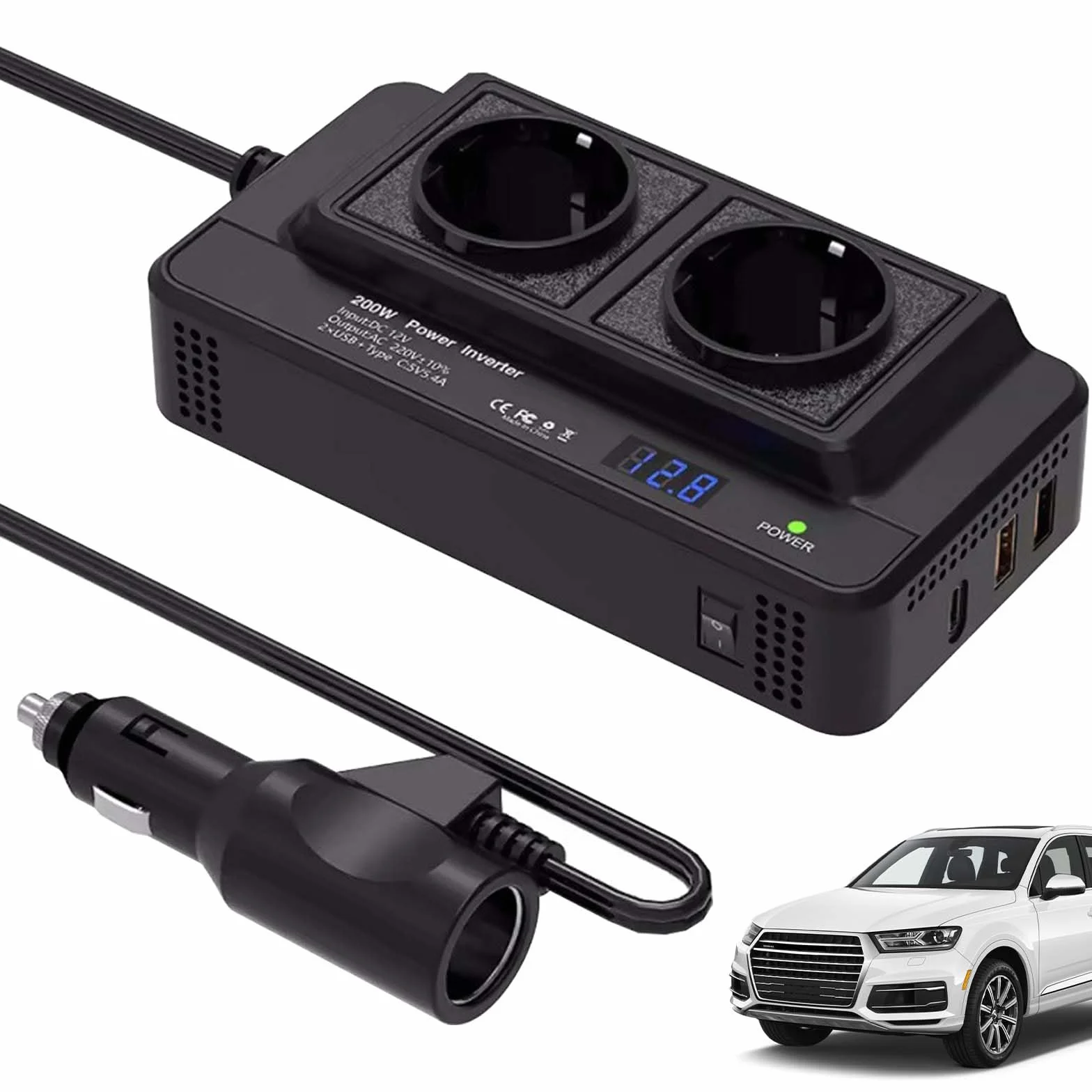 Przetwornica napięcia, 200 W, DC 12 V na AC 230 V, z 2 gniazdami i 4 portami USB, szybkie ładowanie, ładowarka samochodowa, adapter gniazda zapalniczki samochodowej, adapter gniazda zapalniczki