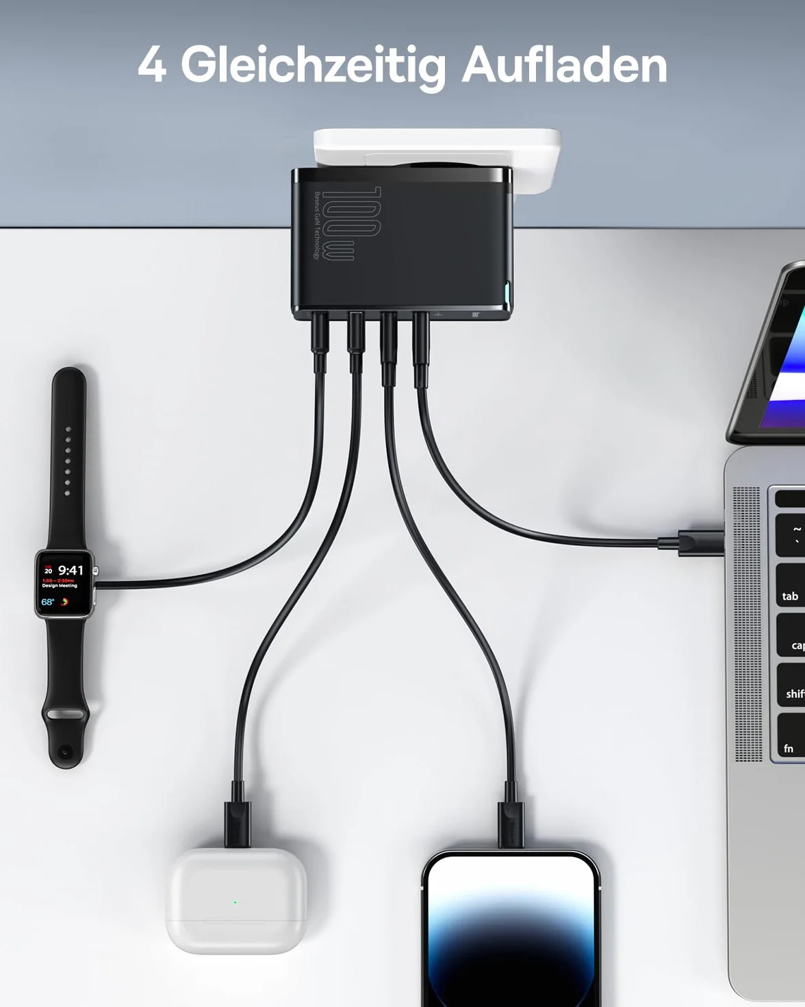 Baseus Ładowarka USB C, 100 W, 4 porty, GaN PD, zasilacz sieciowy 100 W, kompatybilna z MacBook Pro Air iPhone 16 Pro 15 14 13 Laptop iPad Samsung S25 Ultra