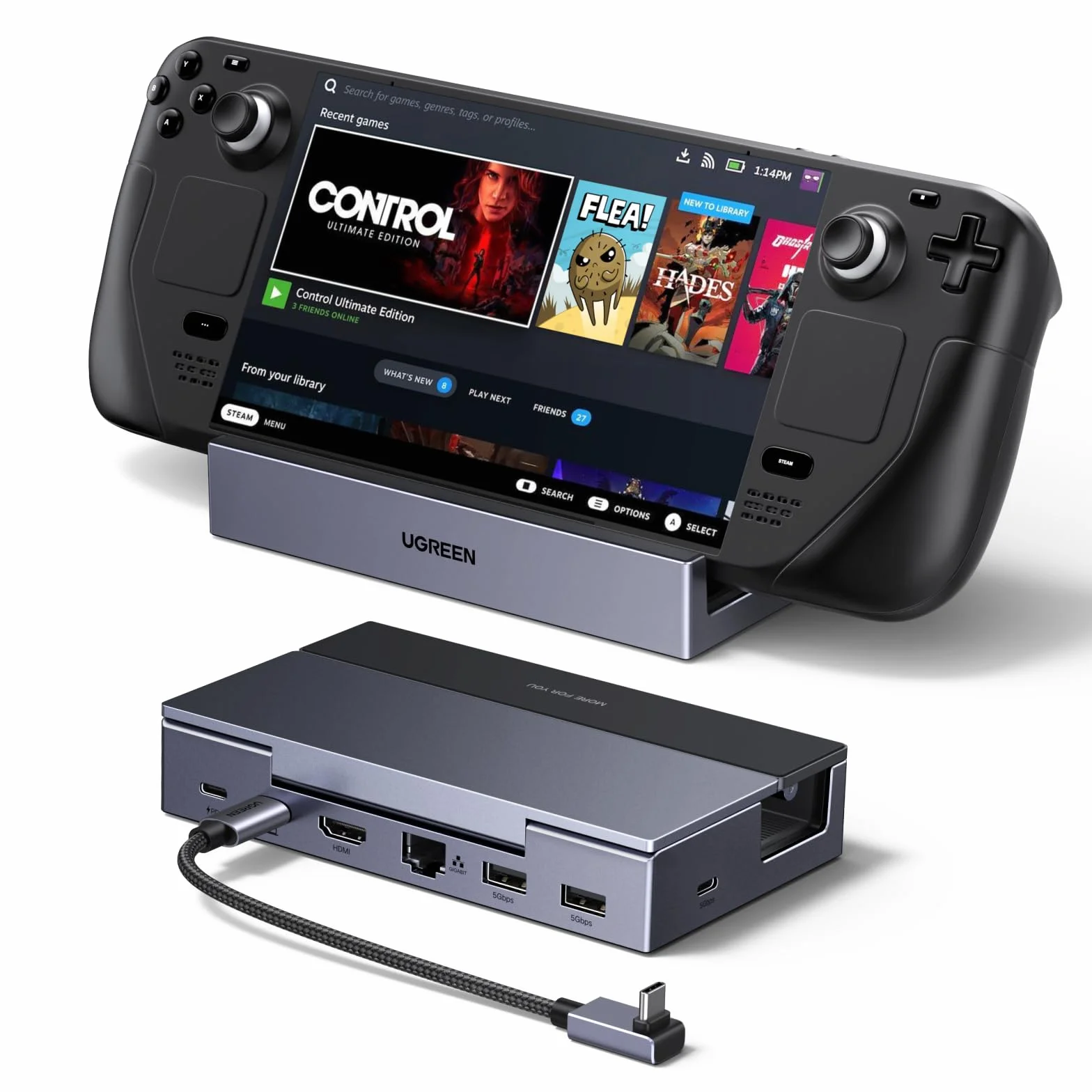 Stacja dokująca UGREEN Steam Deck z HDMI 4K@120Hz, regulowana, z portami USB A 5 Gb/s i USB C 3.0, ładowaniem PD 100 W, Ethernetem 1 Gb/s, kompatybilna ze Steam Deck, ROG Ally, Legion Go i innymi