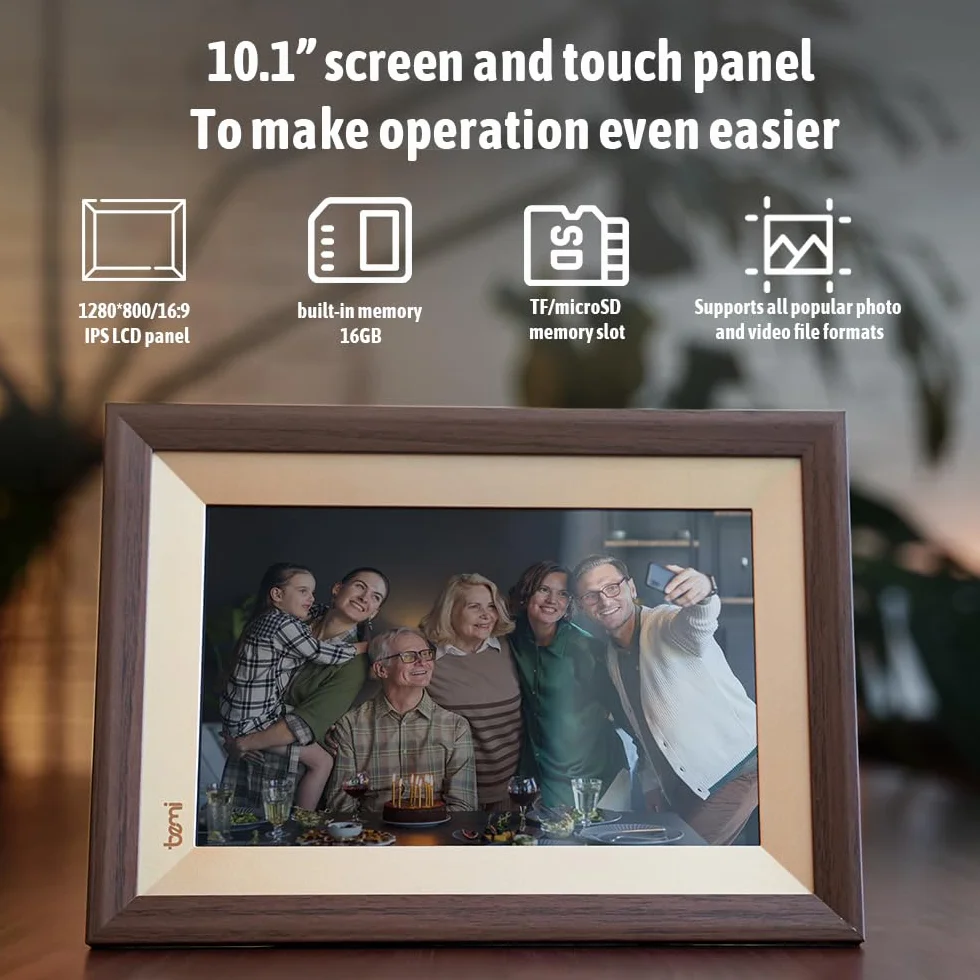 BEMI Ramka z aplikacją Frameo 10,1 cala + 2 ramki prezent inteligentna cyfrowa ramka na zdjęcia WiFi złota 1280 x 800 IPS ekran dotykowy LCD, wbudowana pamięć 16 GB, natychmiastowe dzielenie się