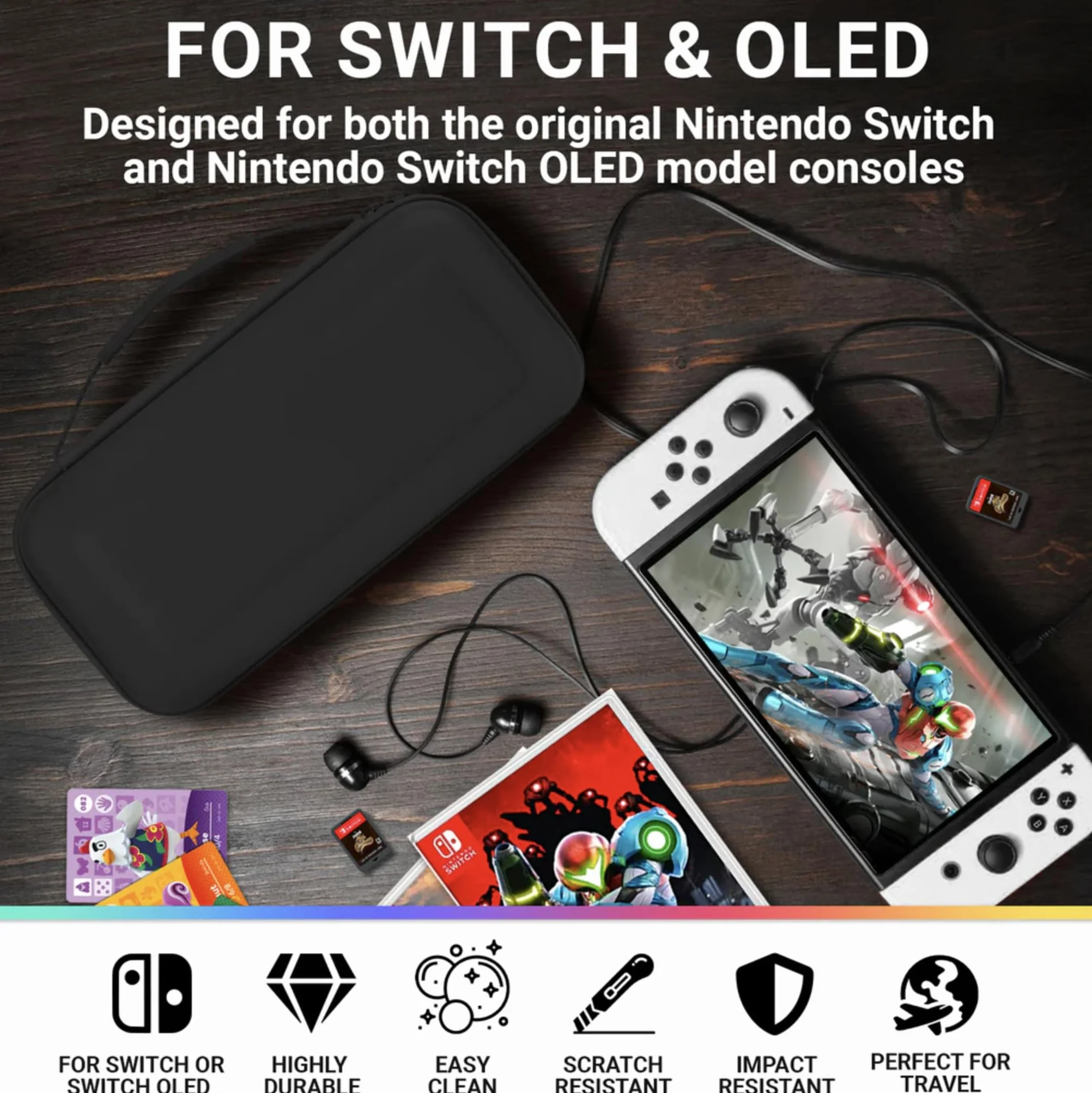Futerał Orzly kompatybilny z Nintendo Switch i nową konsolą Switch OLED - twardy ochronny przenośny futerał podróżny z kieszeniami na akcesoria i gry