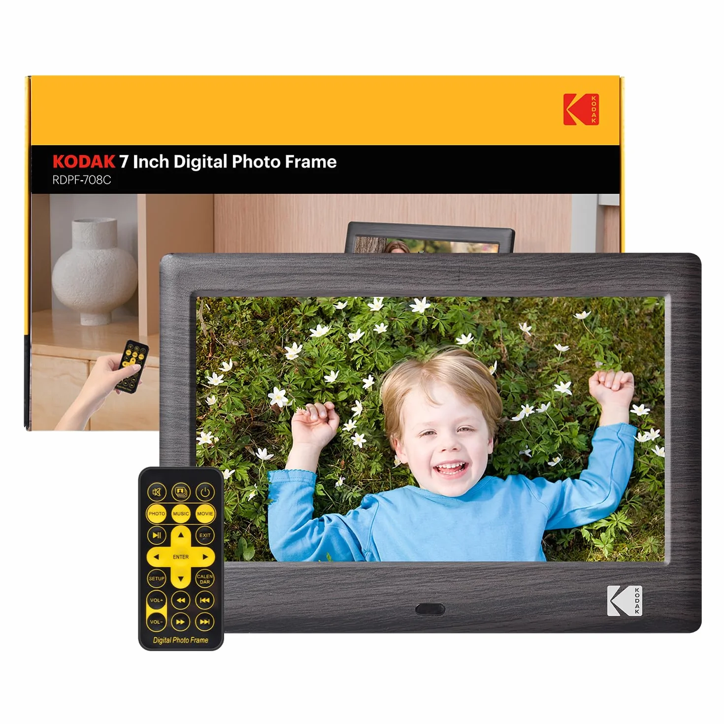 KODAK Cyfrowa ramka na zdjęcia 7", elektroniczna ramka na zdjęcia, ekran IPS, odtwarzacz zdjęć, muzyki, wideo, kalendarz, alarm, obsługa kart USB lub SD, automatycznie obracana, z pilotem zdalnego
