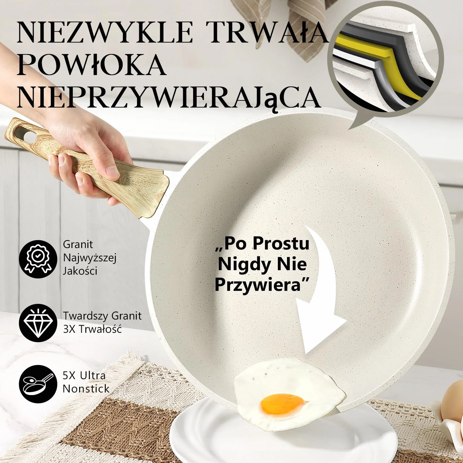 GiPP Patelnia 28 cm, nieprzywierająca patelnia granitowa, patelnia 28 cm, do kuchenek indukcyjnych, nie zawiera PFOS/PFOA, do wszystkich rodzajów kuchenek, biała
