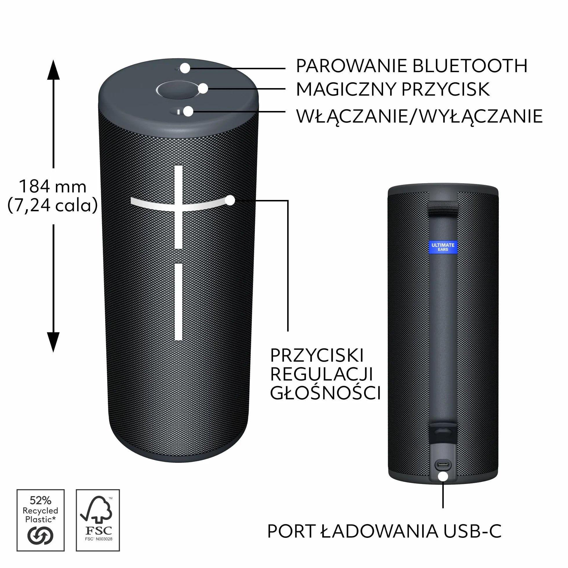Ultimate Ears BOOM 4, przenośny wodoodporny głośnik Bluetooth o 360-stopniowym zasięgu, ten unoszący się na wodzie głośnik działa przez 15 godzin na baterii i ma zasięg do 45 m - Czarny
