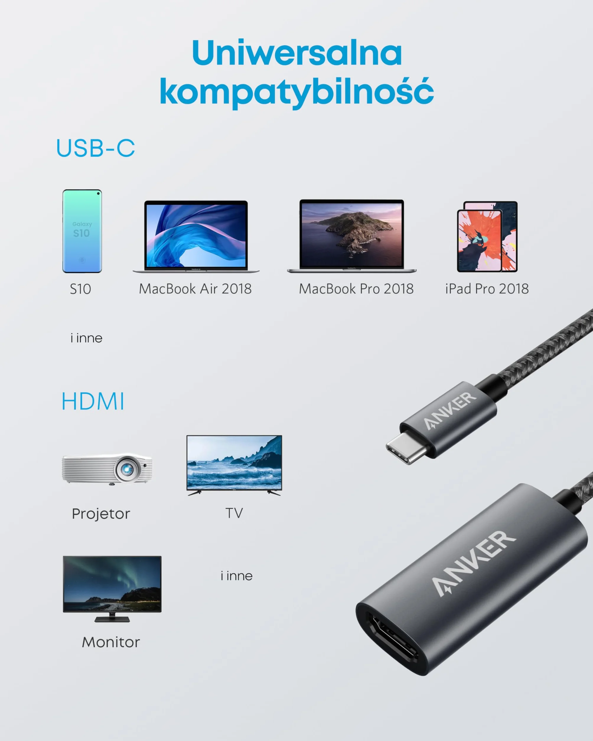 Adapter Anker USB C do HDMI (4K@60Hz), adapter 310 USB-C (4K HDMI), do MacBook Pro, MacBook Air, iPad Pro, Pixelbook, XPS, Galaxy i innych (kompatybilny z portami Thunderbolt 3)