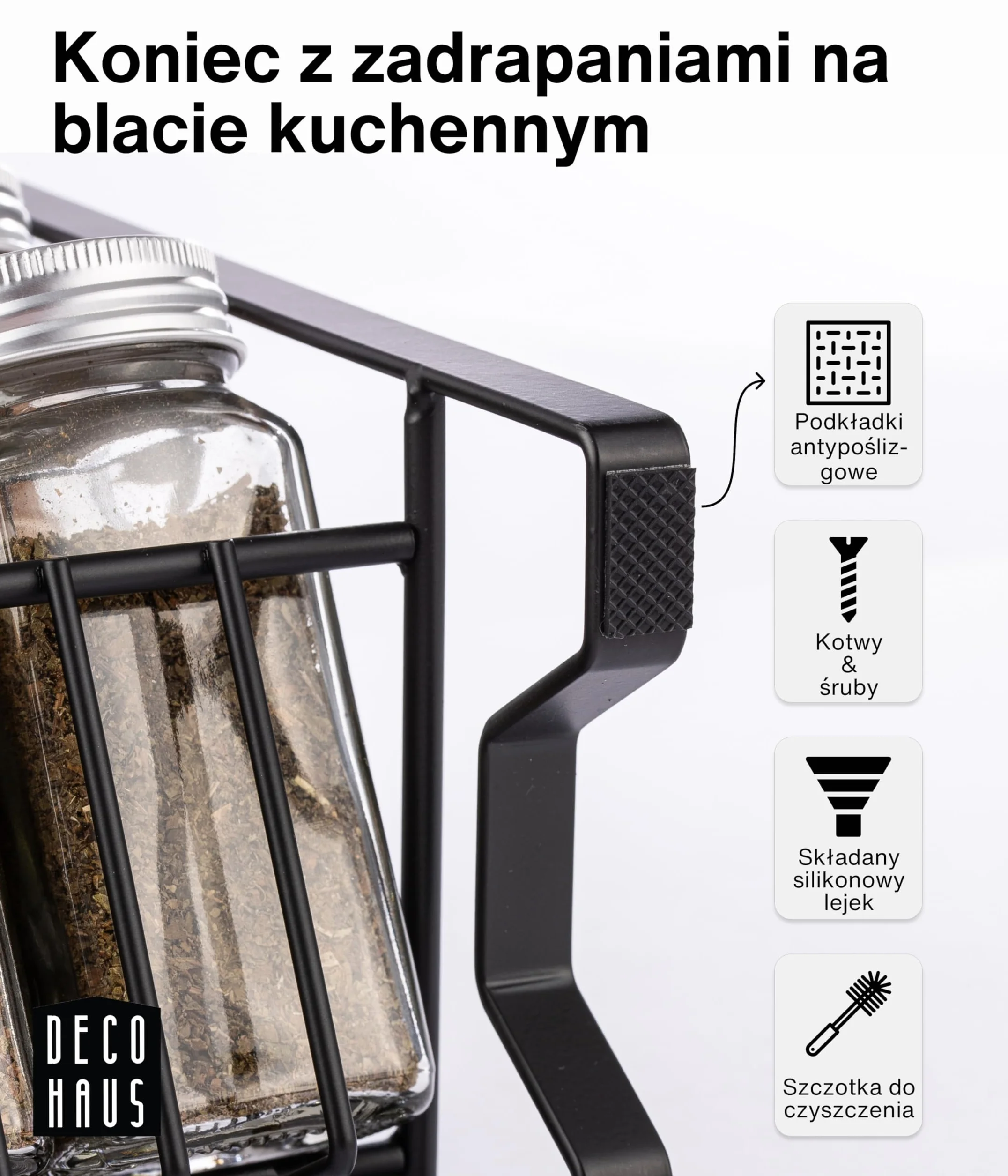 Deco Haus® Stojak na Przyprawy ze Słoikami na Przyprawy - 3-poziomowy Metalowy Organizer Kuchenny - 24 Słoiczki, 48 Etykiet, Pędzelek, Haczyki, Lejek - Półka Wolnostojąca lub na Ścianę - Czarny Regał