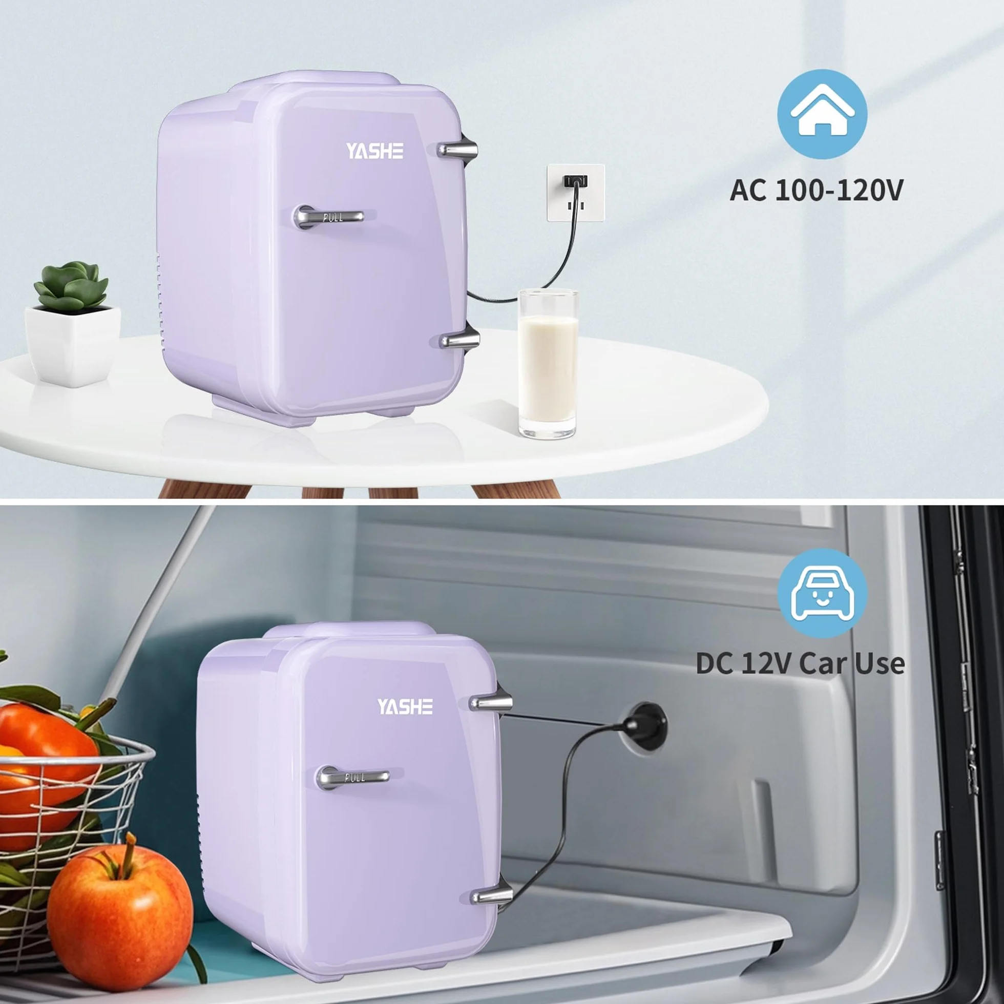 YASHEMinilodówka, mała lodówka 4 litry/6 puszek do sypialni, termoelektryczna chłodziarka i podgrzewacz 220V AC/ 12V DC do samochodu z napojami w akademiku, fioletowa