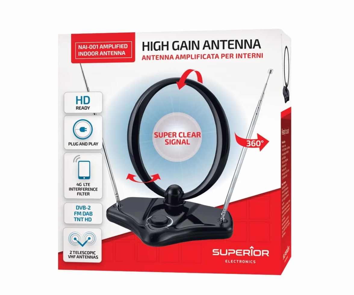 Superior Antenna TV Amplificata per Interni DVB-2 FM DAB SUPNAI001