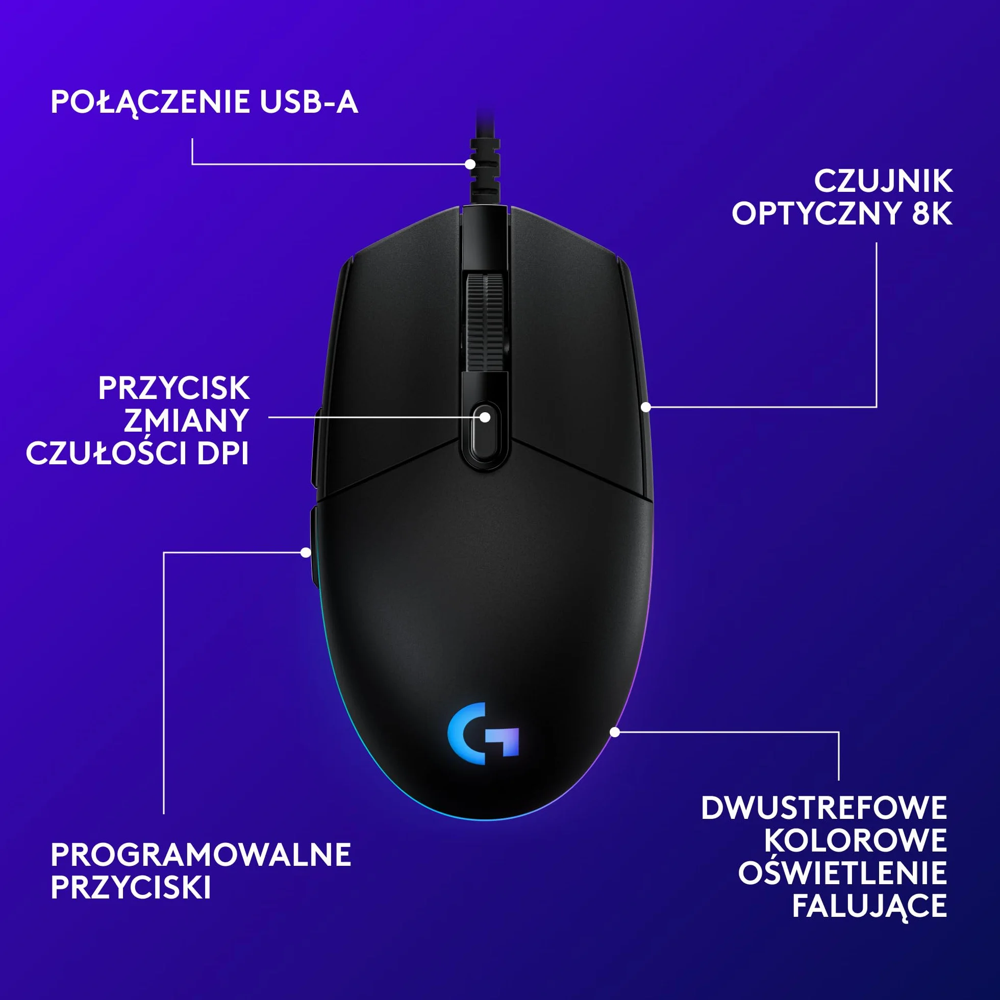 Logitech G G203 LIGHTSYNC Mysz do gier z konfigurowalnym podświetleniem RGB, 6 programowalnymi przyciskami, czujnikiem klasy gamingowej, śledzeniem 8K DPI, lekka - Czarny