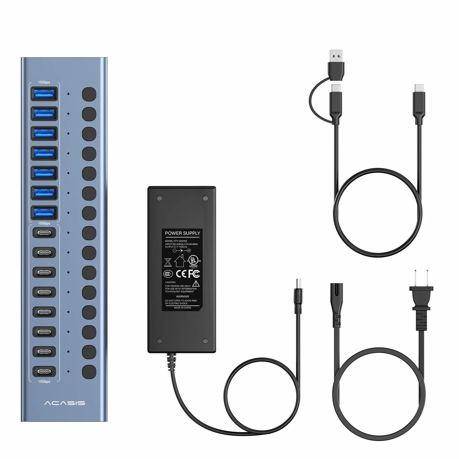 Zasilany koncentrator USB 3.2, ACASIS 16 portów, koncentrator USB 3.2 (8 portów USB-A 3.2 + 8 portów USB-C 3.2), aluminiowy hub USB zasilany zasilaczem 96 W, hub USB do PC/laptopa, komputera
