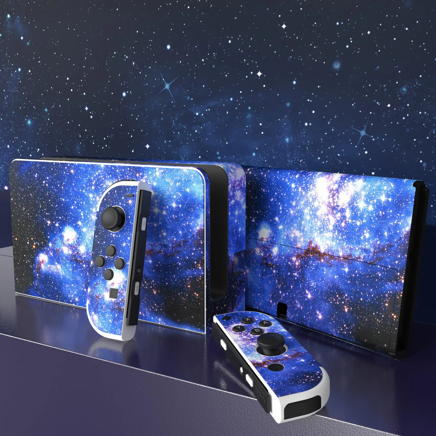 PlayVital Naklejka Skóry do Switch OLED Stickers Vinyl,Skórka Naklejki do Switch OLED Console & Joycon & Dock & Grip-Niebieska Galaktyka