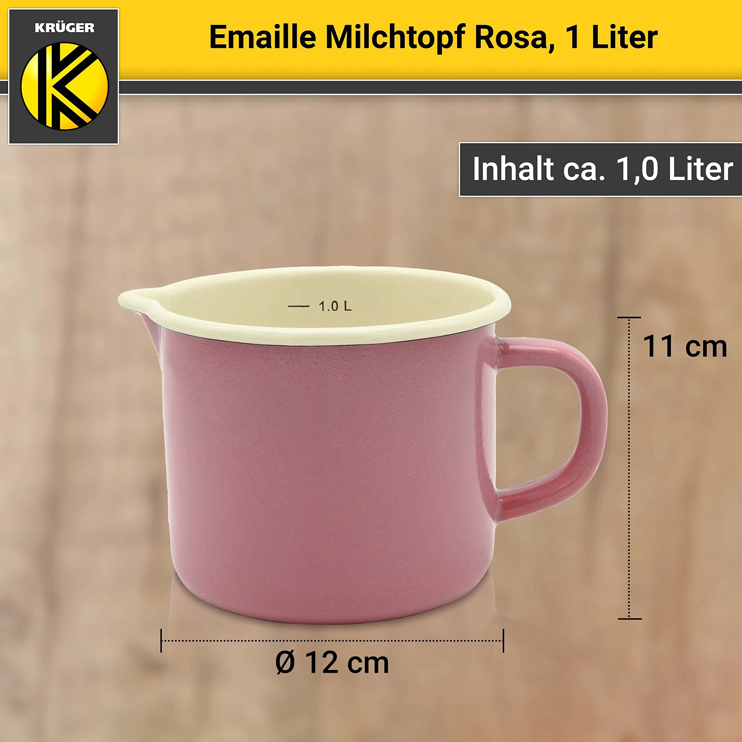 Krüger Emaliowany garnek na mleko różowy 12 cm, 1 litr – garnek z dnem w pełni stykowym do energooszczędnego gotowania – praktyczna wylewka i skala litrów – nadaje się do mycia w zmywarce i kuchenek indukcyjnych (różowy)