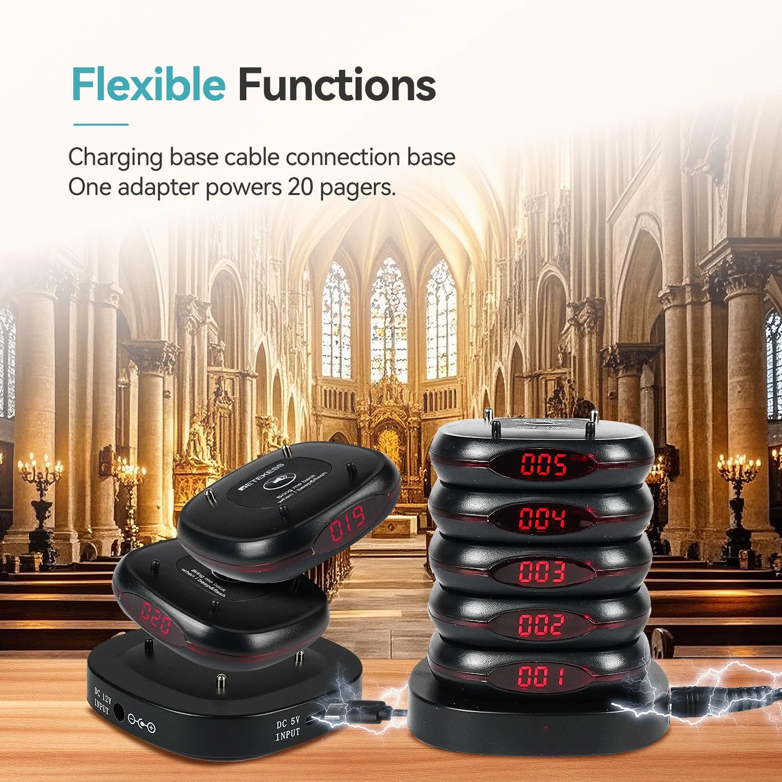 Retekess TD161 System Przywoławczy, 500M Pager Restauracyjny, 20 Pagerów, Klawiatura o Pojemności 1000 mAh, z Przyciskiem Wyciszenia, 7 Trybów Zachęty, ładowanie Indukcyjne, Pager do Kawiarnia, Bar
