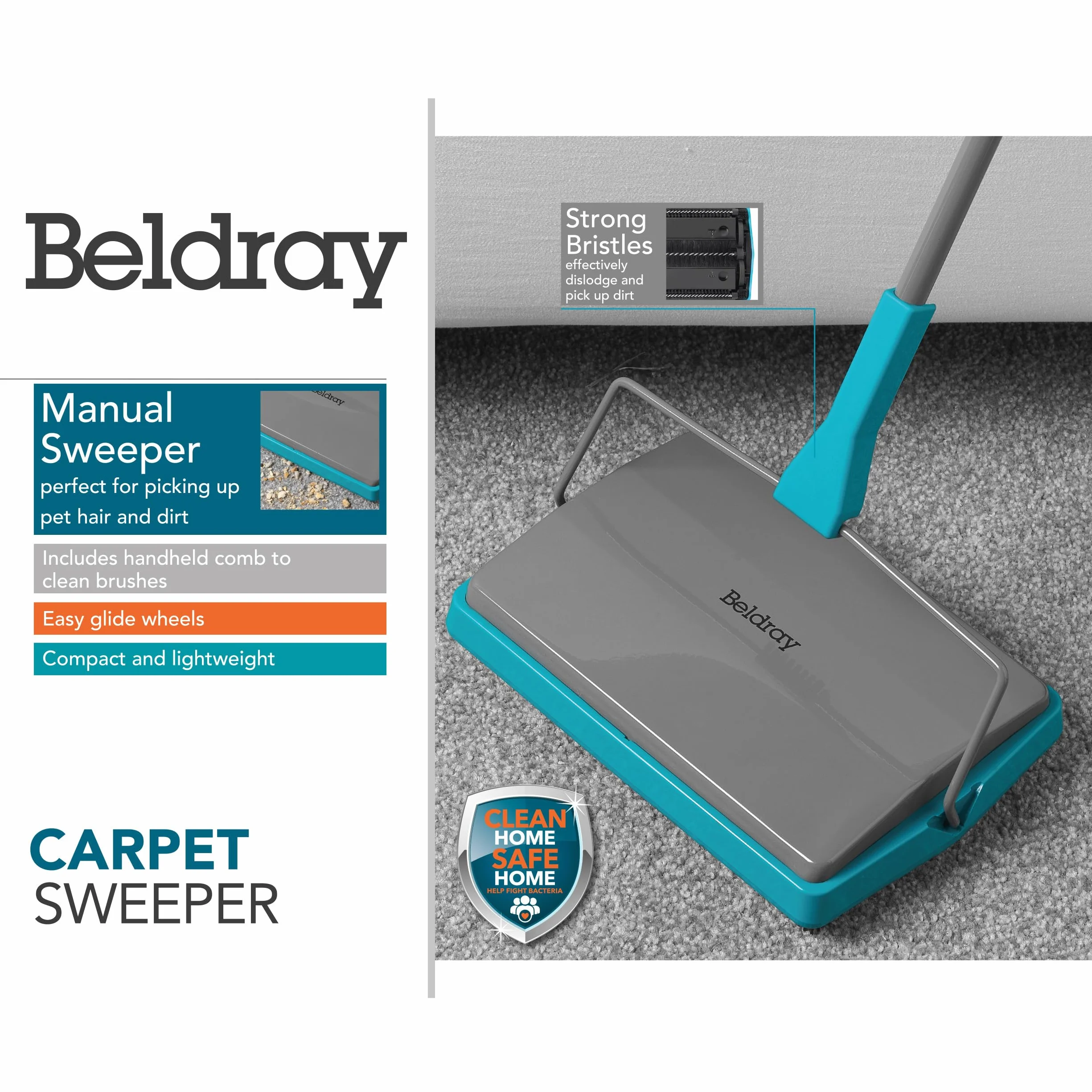 Beldray-® LA024855TQ Ręczna szczotka do dywanów z grzebieniem do szczotki | Idealna do zbierania sierści i brudu | Gładko jeżdżące kółka | Kolor turkusowy