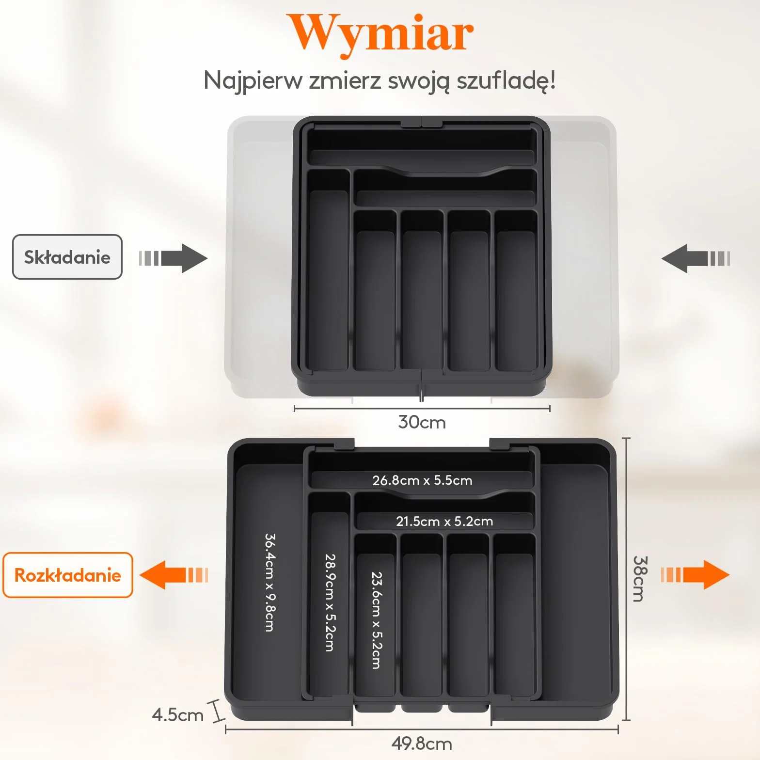 Lifewit Organizer do Szuflady na Sztućce, Wkład do Szuflady, Regulowany Organizer na Przybory Kuchenne, Plastikowy Taca na Sztućce, Szerokość 30-49,8cm, Głębokość 38cm, Czarny