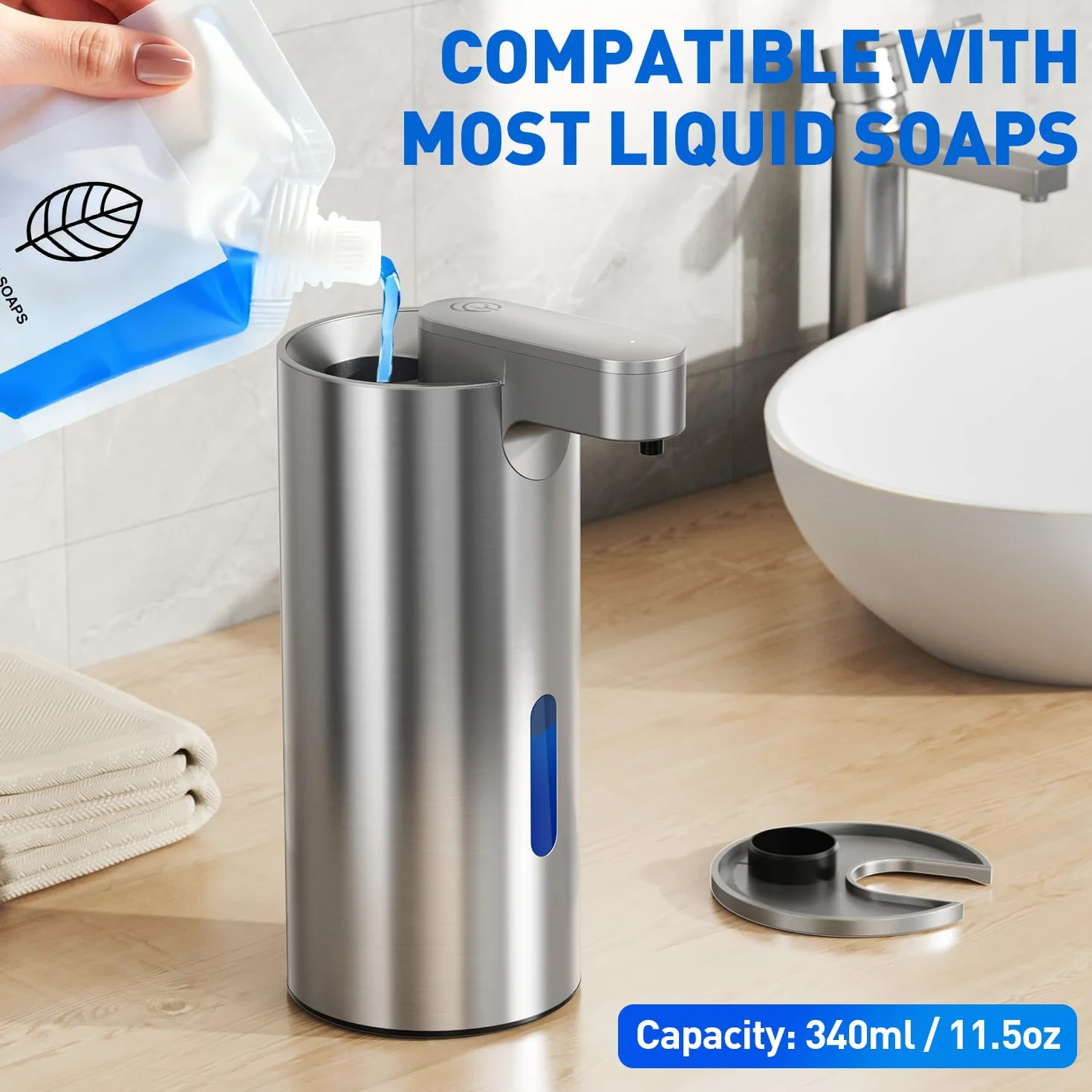 Fachixy Automatyczny dozownik mydła, szczotkowana stal nierdzewna, bezdotykowy, 340 ml, elektryczny dozownik mydła z czujnikiem, ładowany przez USB, do łazienki, kuchni