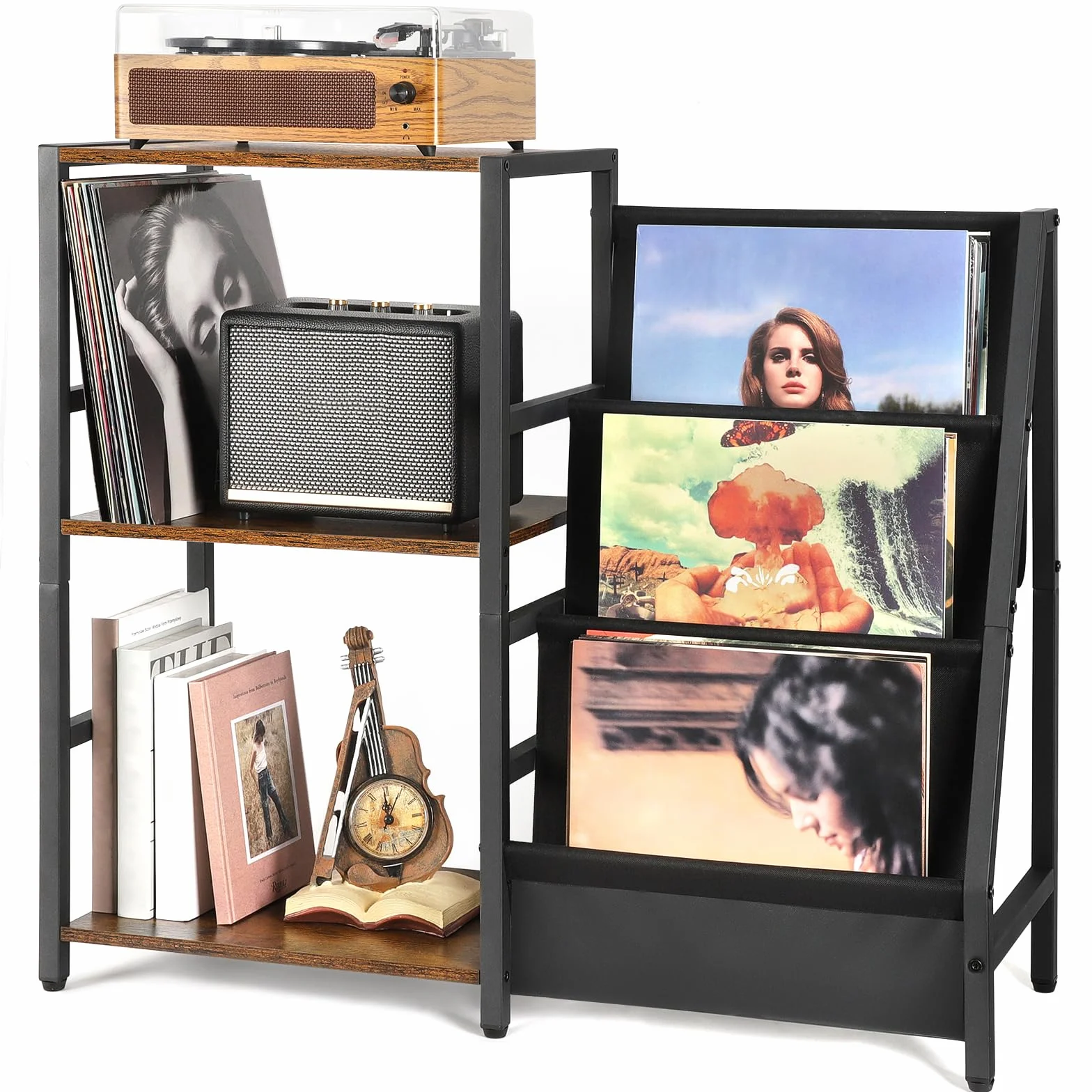 Stojak na Gramofon, Stolik Końcowy z 3-poziomowym Schowkiem na Płyty Winylowe, Stolik na Gramofon do 200 Albumów, Stojak na Płyty Winylowe, Szafka na Płyty Winylowe do Salonu (Patenty)