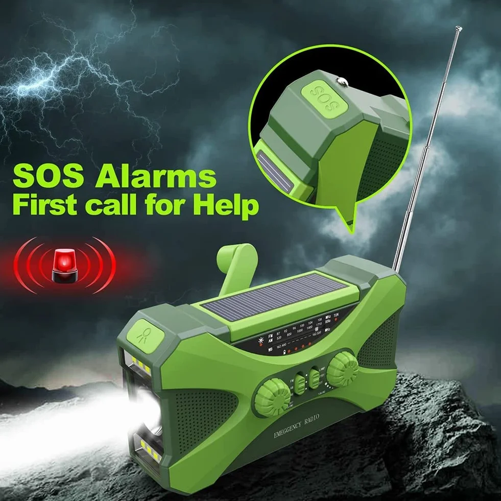 Radio awaryjne 10000MAh, radio z korbą solarną, przenośne radio z ładowarką do telefonu, zielona latarka LED