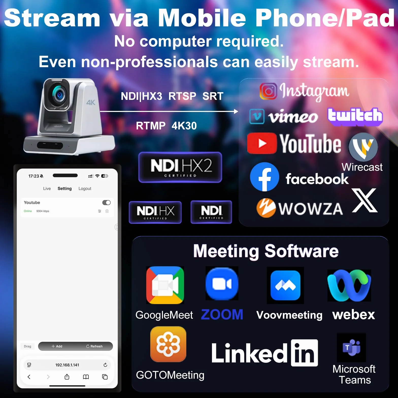 zowietek Kamera 4K NDI|HX3 PTZ PoE, 25-krotny zoom optyczny, jednoczesne wyjścia HDMI i SDI, RTSP/RTMP/SRT, samodzielne przesyłanie strumieniowe IP na żywo do YouTube, Twitch for Meeting,