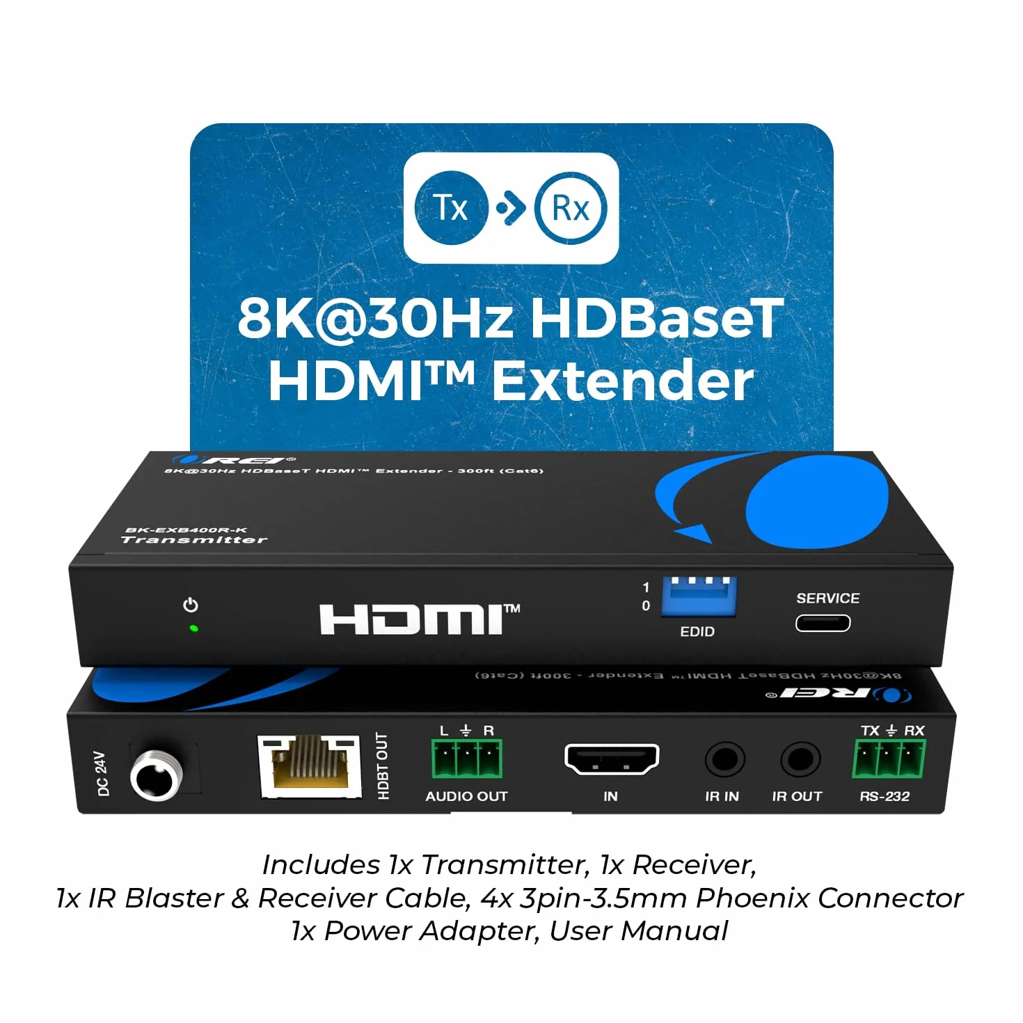 OREI Przedłużacz 4K przy 120 Hz HDMI Over Ethernet Balun - HDBaseT UltraHD 8K przy 30 Hz CAT6/7 kabel ze sterowaniem HDR, CEC i IR, RS-232, wyjście audio do 400 stóp (BK-EXB400R-K)