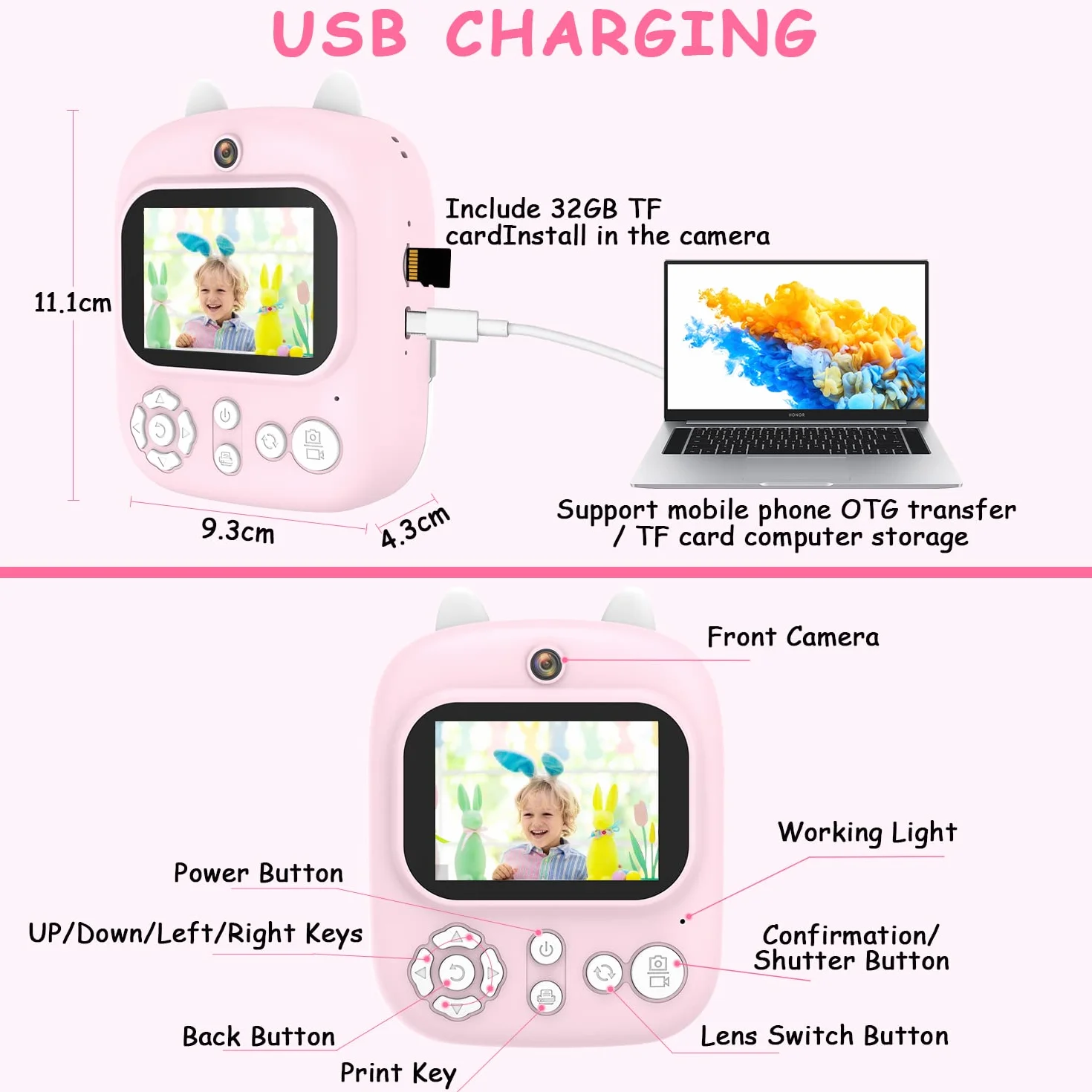 HONGXIN Aparat dla dzieci, 2,4 cala, natychmiastowy aparat dla dzieci z kartą SD 32 GB i papierem do drukowania, kamera 12 MP/1080P HD, aparat cyfrowy dla dzieci, prezent dla dzieci w wieku 3-12 lat