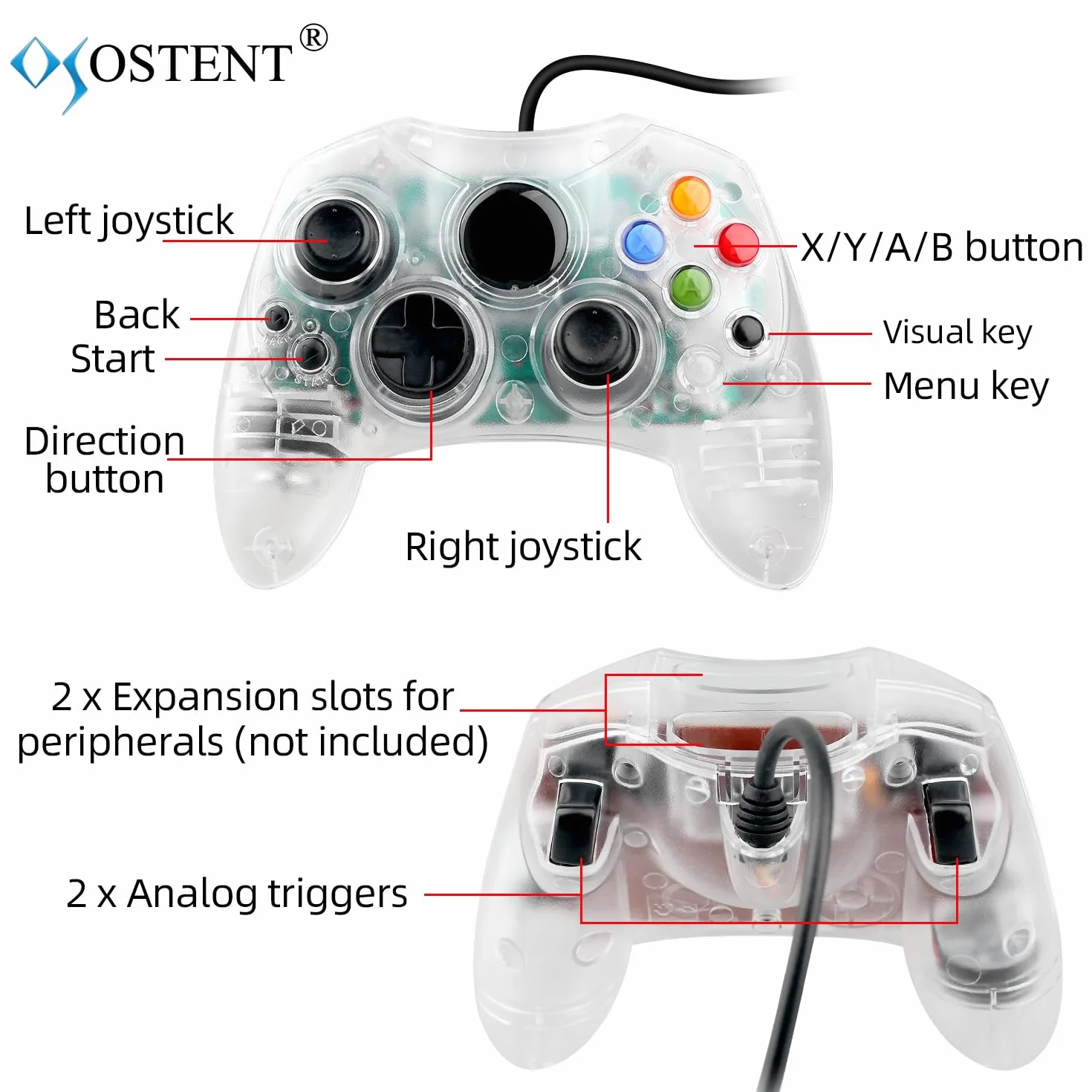 OSTENT Kontroler Przewodowy Typu S 2 A do Konsoli do Gier Wideo Microsoft Xbox Starej Generacji, Kolor Przezroczysty