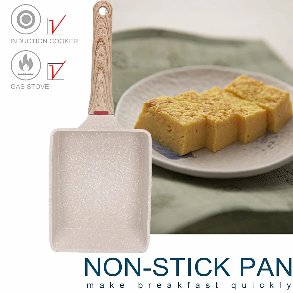 Japońska patelnia do omletów, nieprzywierająca patelnia Tamagoyaki, prostokątna, mała patelnia z silikonową szpatułką - biała