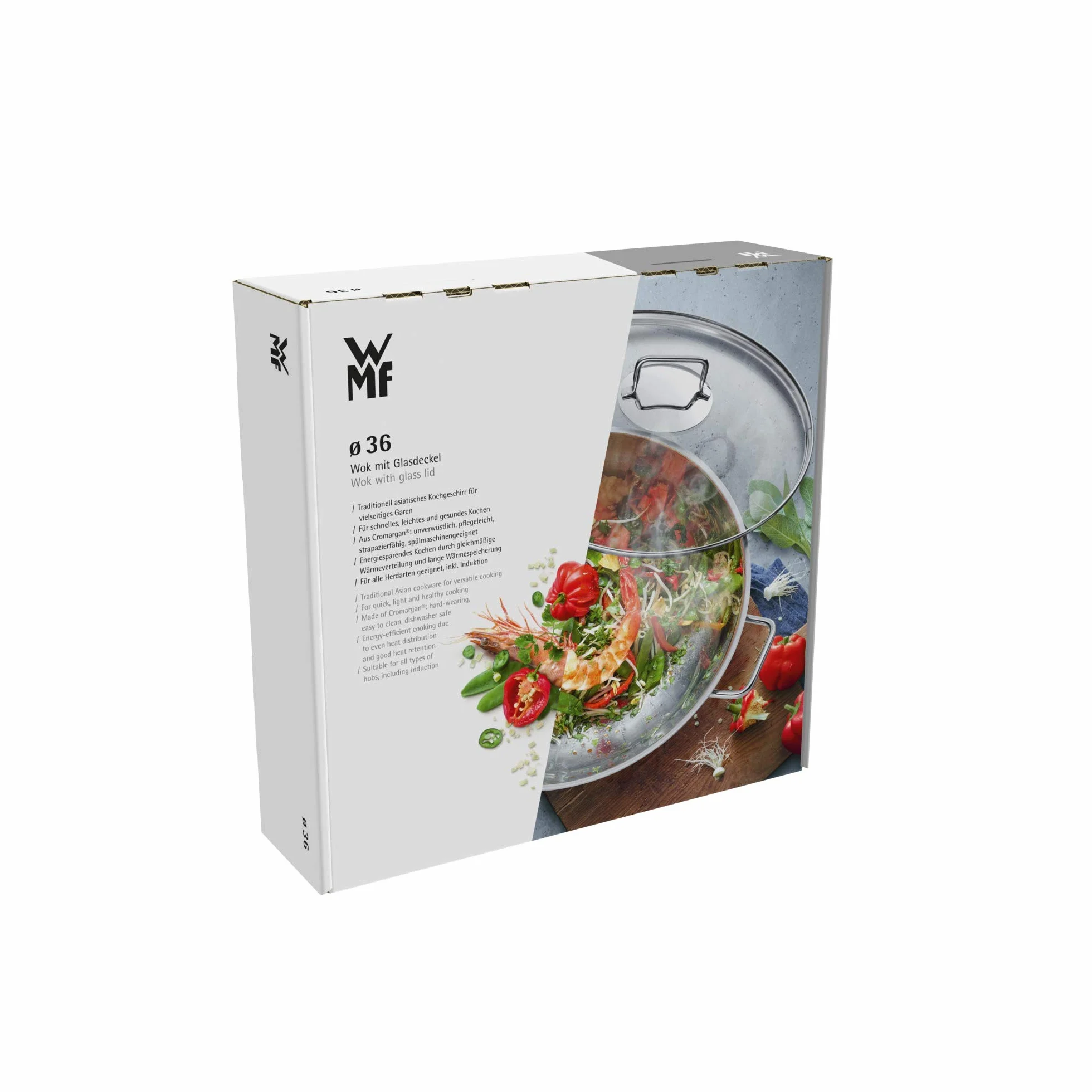 WMF Macao 2-częściowy zestaw do woków indukcyjnych, patelnia wok 36 cm ze szklaną pokrywką, polerowana stal nierdzewna Cromargan, niepowlekana
