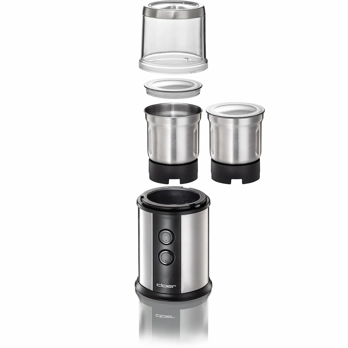 Cloer 7419 Elektryczny młynek do kawy i przypraw z nożem udarowym ze stali nierdzewnej, 350W, 2 wyjmowane pojemniki ze stali nierdzewnej, do pesto, ziół, orzechów i zbóż, do 80 g ziaren kawy