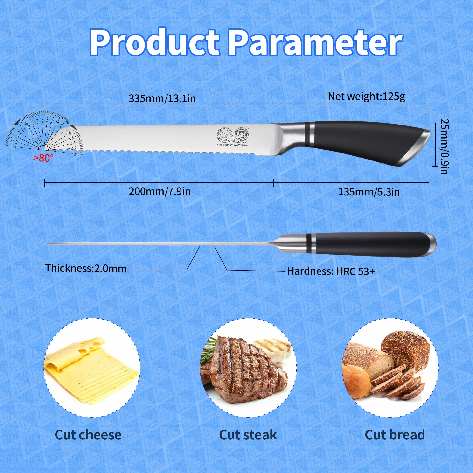 XYJ Authentic Since 1986, Serrated 8 Inch Stainless Steel Ultra Sharp Bread Knife, Ergonomic Handle, Kitchen Knife with Sheath
