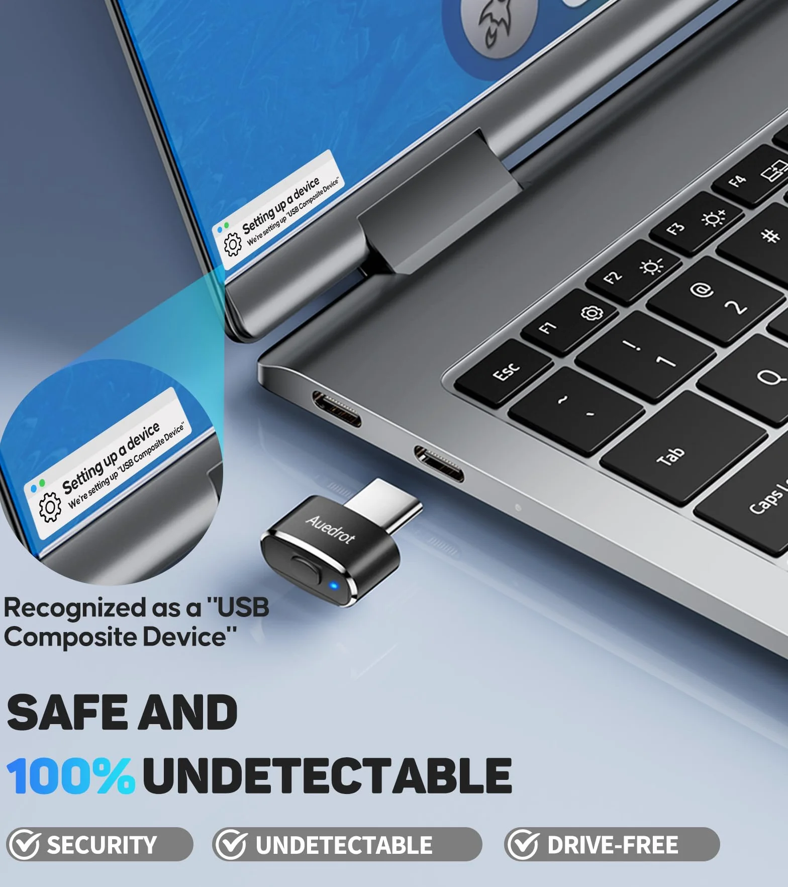 AUEDROT Symulator myszy USB-C niewykrywalny symulator myszy typu C z przyciskiem przełącznika, automatyczny Wiggler z 2 trybami Jiggle, Plug & Play, utrzymuje komputer / laptop w stanie przebudzenia