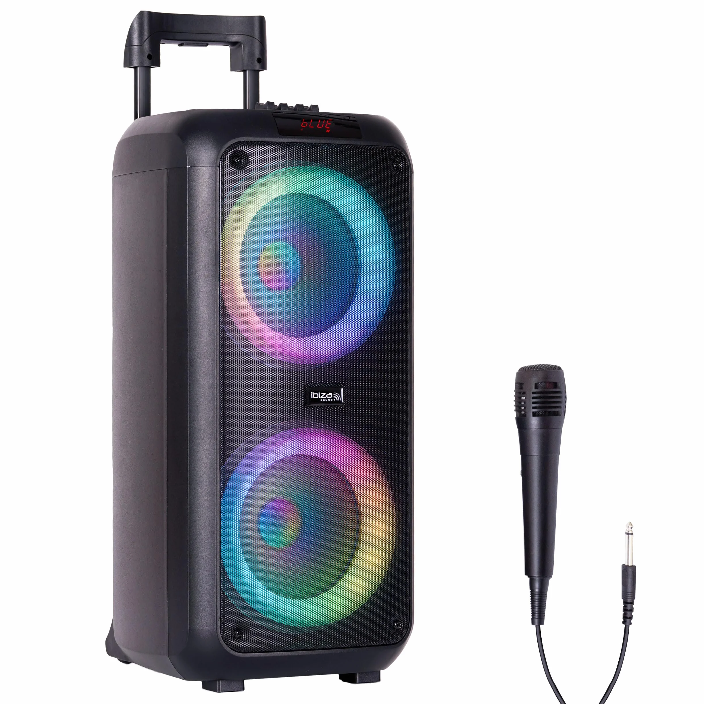 Ibiza - VENUS600 - Przenośny głośnik 2x8"/20 cm, 600 W, zasilany bateryjnie, z efektem świetlnym na przednim panelu i przewodowym mikrofonem - Bluetooth, USB, microSD, AUX i MIC - Czarny