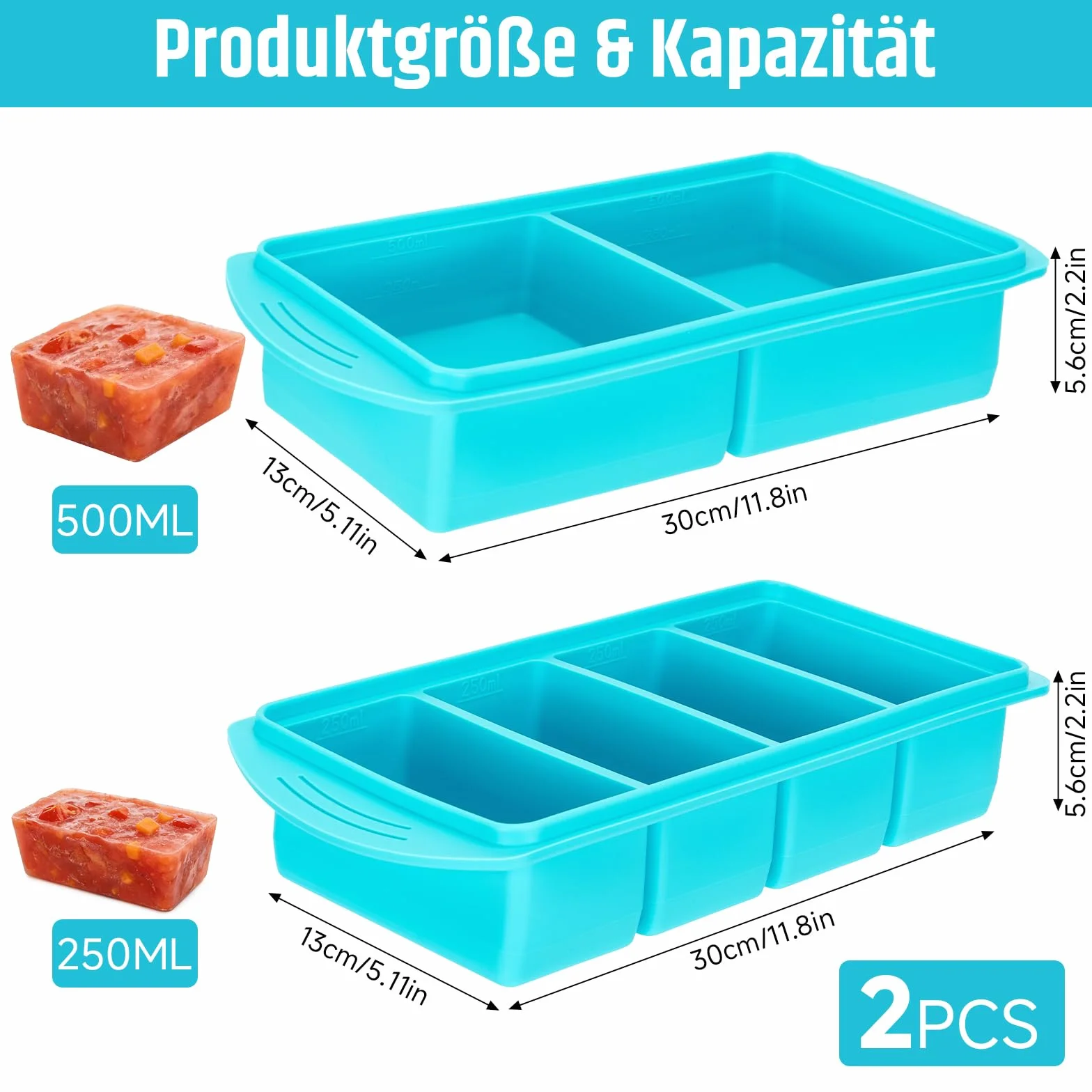 Silikonowe foremki do mrożenia z pokrywką zestaw 2 i 4 komory 125–500 ml bez BPA szczelne