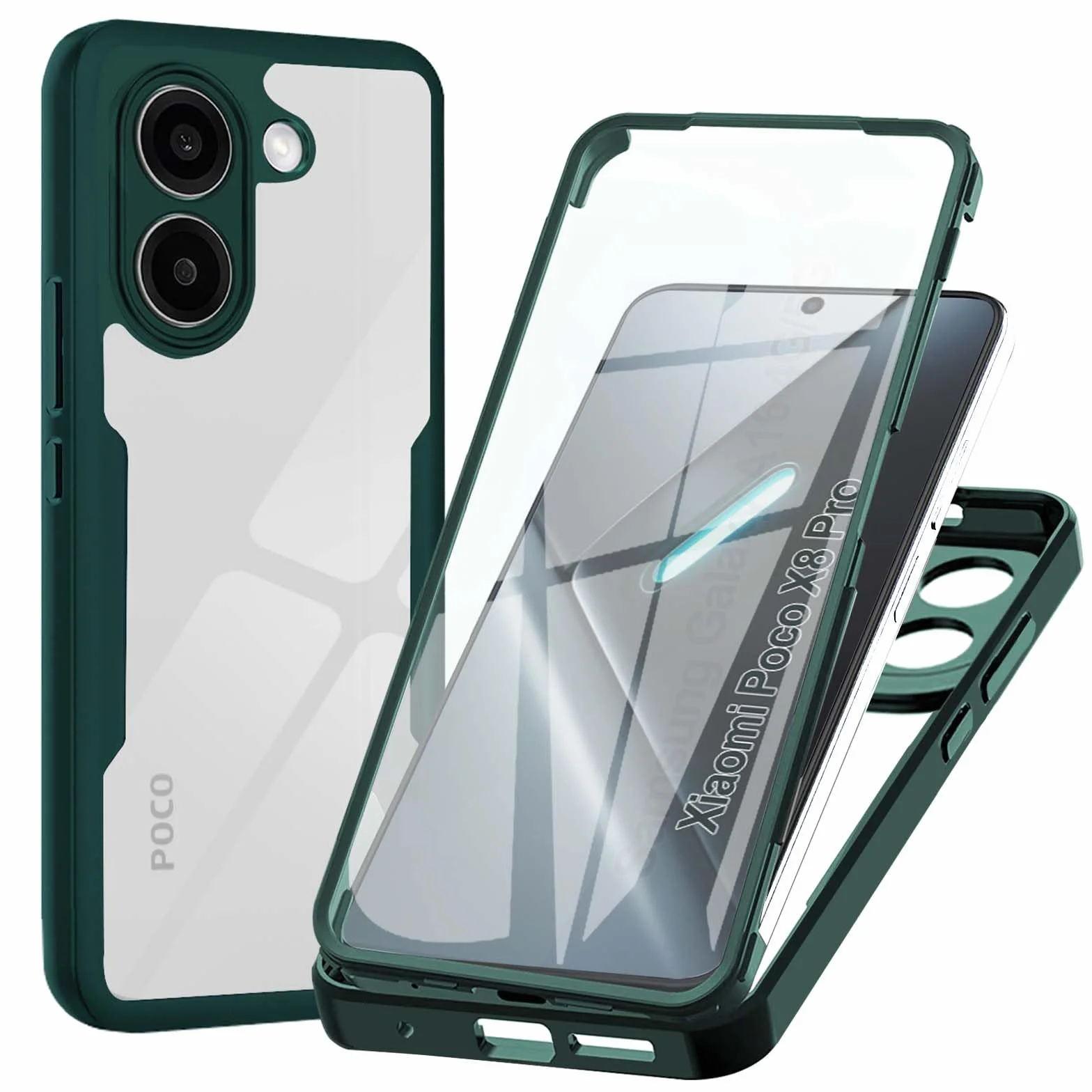 Etui do Xiaomi Poco x8 Pro, przezroczyste, 360 stopni, etui ochronne z wbudowaną ochroną wyświetlacza, odporne na uderzenia, ultracienkie silikonowe, zielone