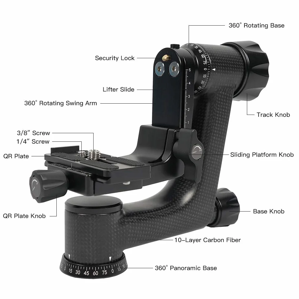 SIRUI PH-10 Gimbal Głowica statywu lekka profesjonalna głowica z włókna węglowego 360 stopni panoramiczna głowica gimbala ze standardem Arca-Swiss 1/10.2 cm płytka szybkiego zwalniania do aparatów