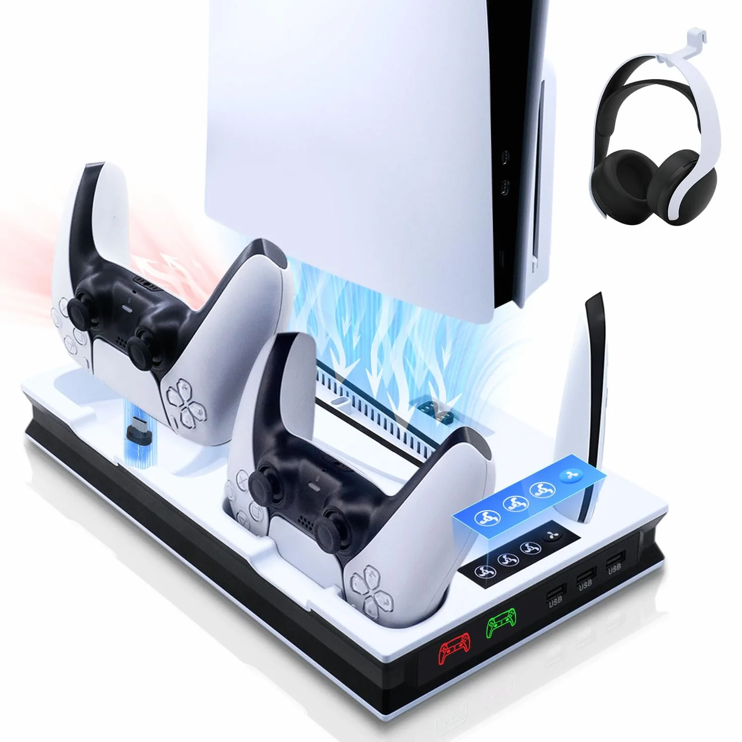 PS5 Slim podstawa z wentylatorem, stojak na słuchawki, stacja ładująca do kontrolera z USB, wielofunkcyjna stacja LED z magnesem
