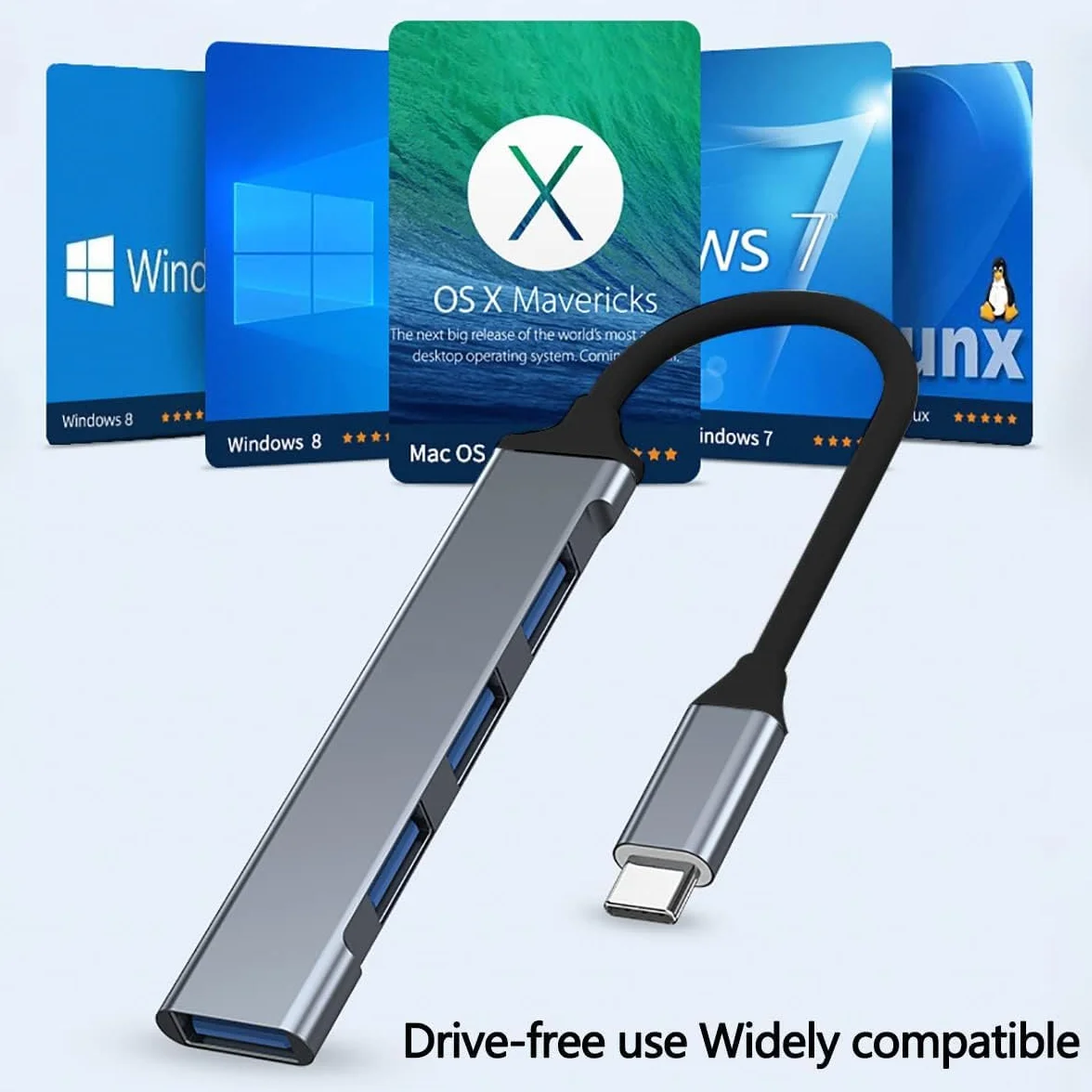 4-portowy koncentrator USB Magnet 4 w 1 z 1x USB 3.0 i 3X USB 2.0, srebrny szary, do laptopów z systemem iOS, WS i innych urządzeń z interfejsem (koncentrator USB-C)