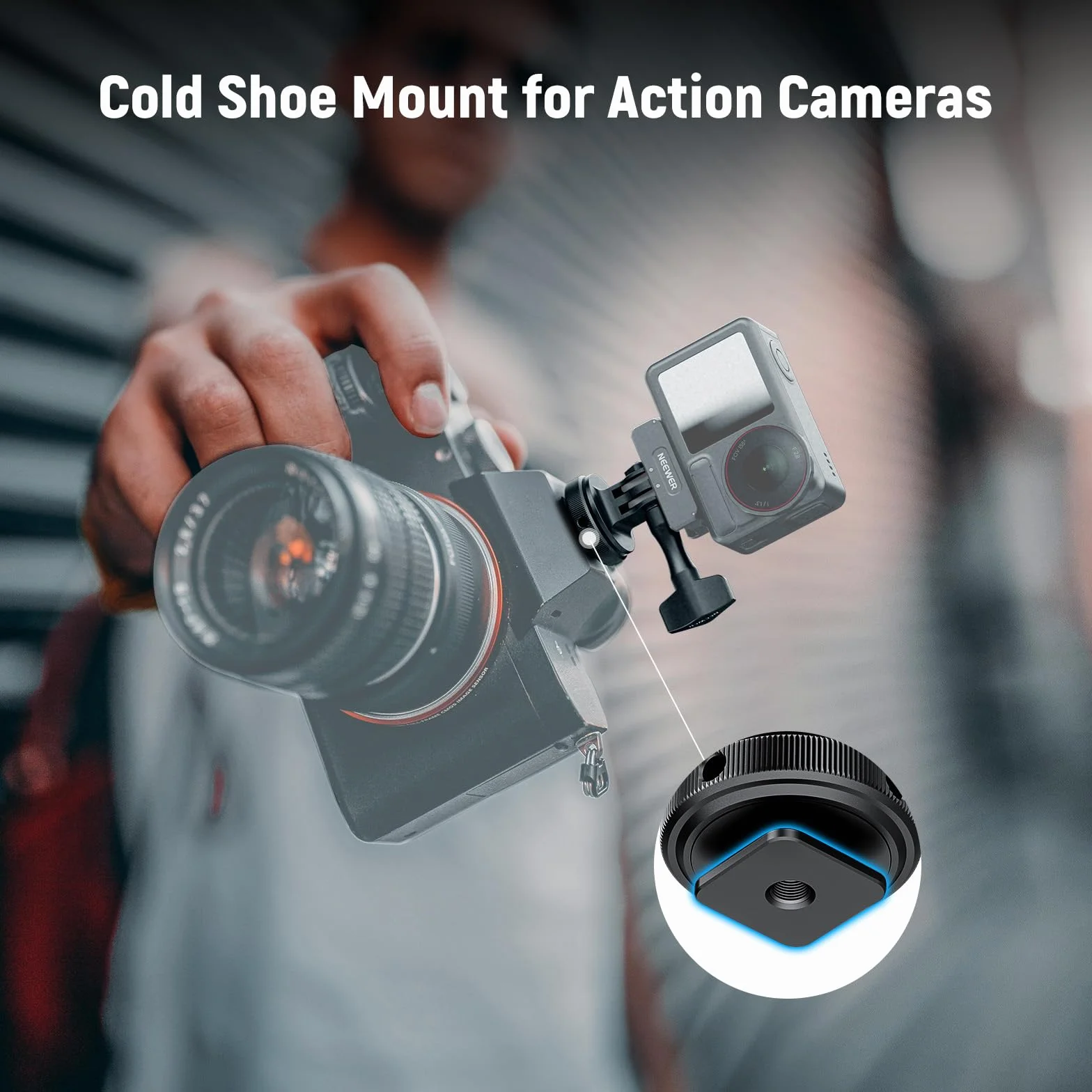 NEEWER Adapter do kamery sportowej, kompatybilny z akcesoriami GoPro Go Pro DJI Insta360 AKASO, metalowy uchwyt Hot Shoe z gwintem 1/4" do mini statywu, kijek do selfie, nachylenie 180°, GP-63