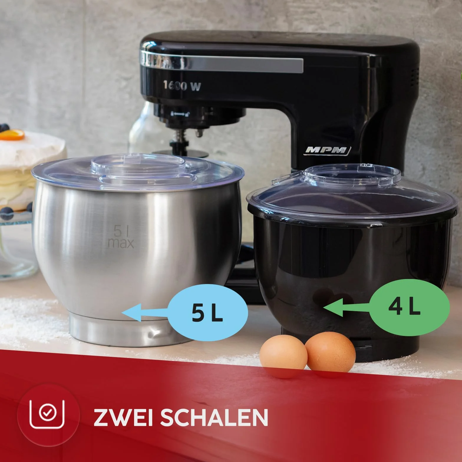 MPM - Robot kuchenny planetarny z 2 miskami do mieszania 4 i 5 litrów - robot kuchenny 1600 W - czarny