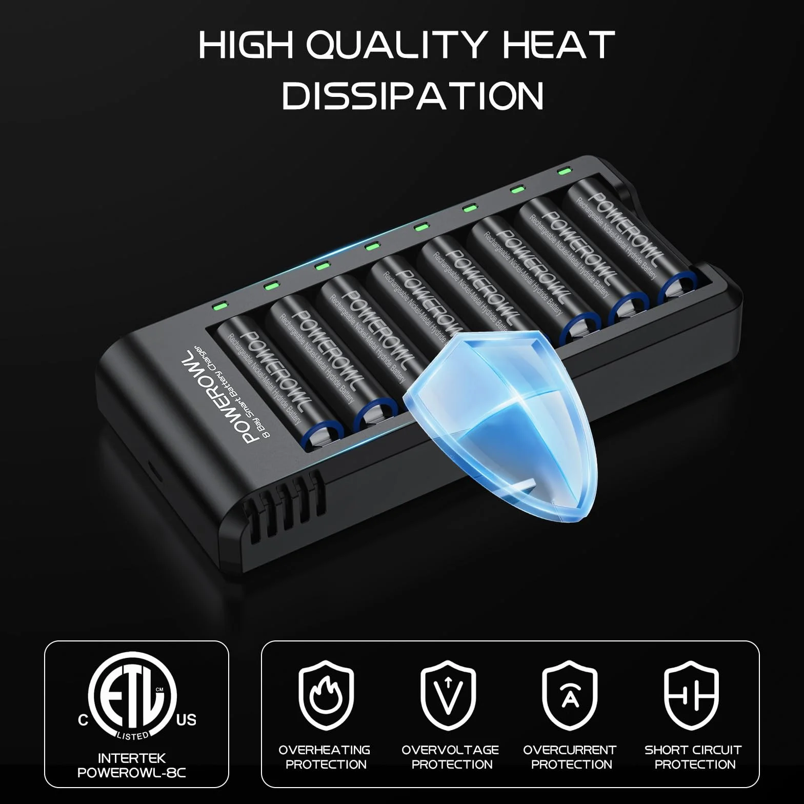 POWEROWL Ładowarka do Ni-MH/Ni-CD Akumulatory AA/AAA, Wolnostojące gniazdo & USB Szybkie ładowanie, Wskaźnik LED (8-szczelinowy ładowarka, bez baterii)