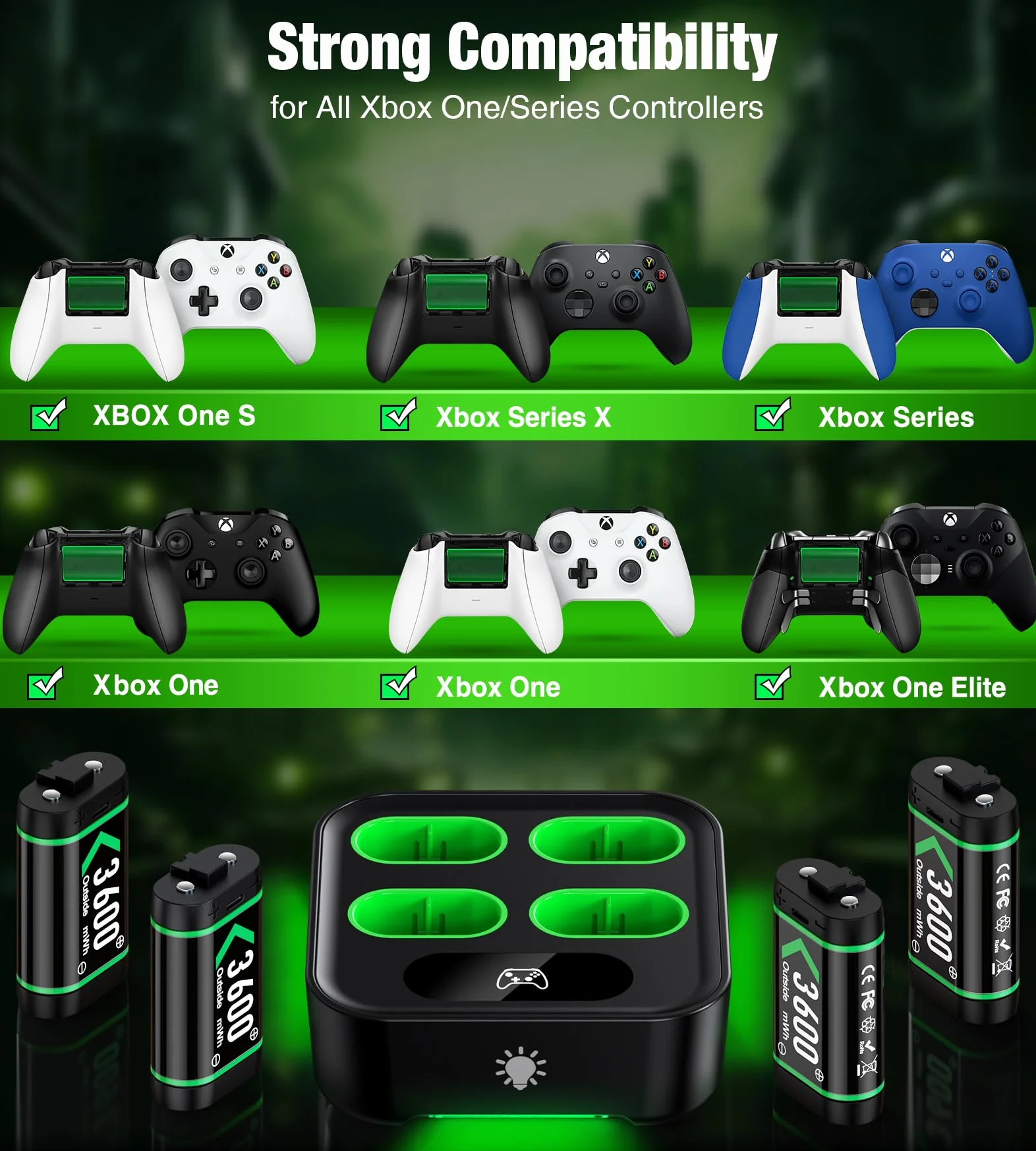 Ładowarka do kontrolera bezprzewodowego Xbox, 4 x 3600 mWh zestaw akumulatorów do Xbox Series X|S/Xbox One/One S/X/Elite Controller akcesoria - możliwość ponownego ładowania