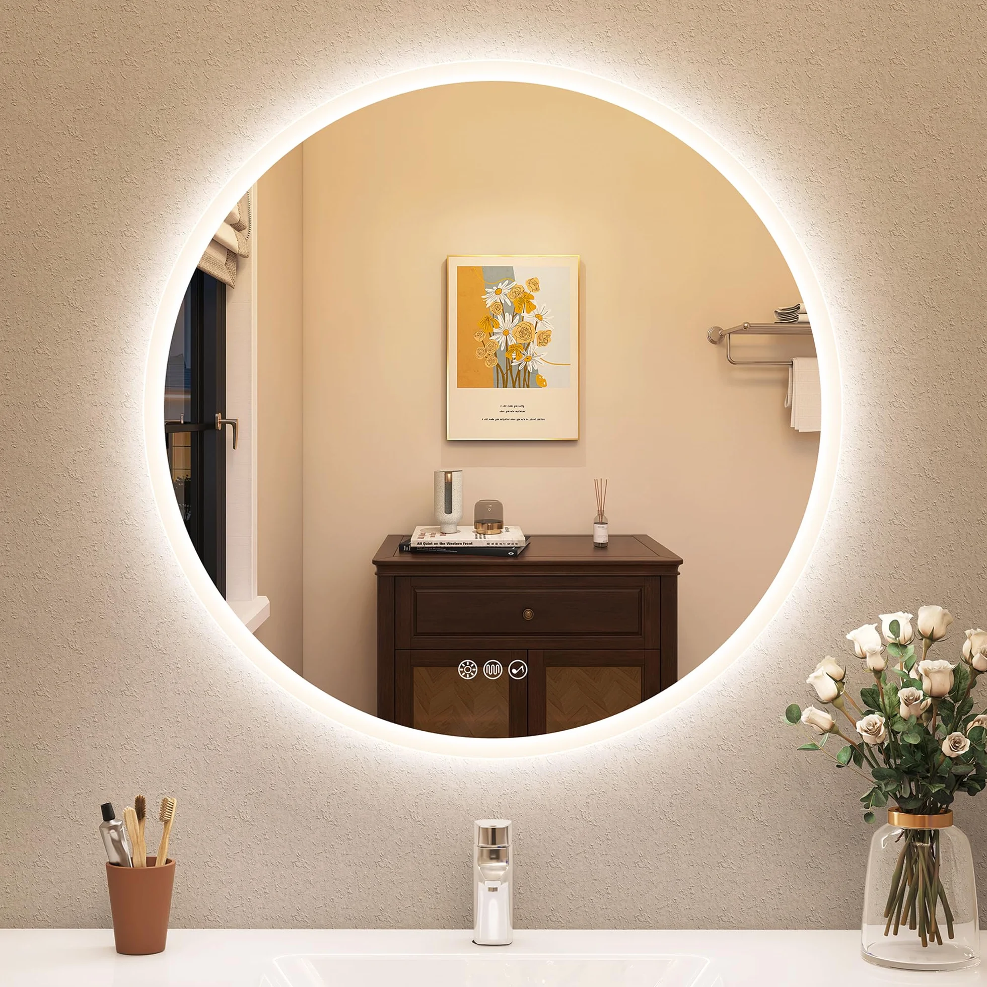 STARLEAD Okrągłe lustro łazienkowe 80 cm z oświetleniem Bluetooth przyciemnianiem 3 temperatury barw przeciwmgielne IP44