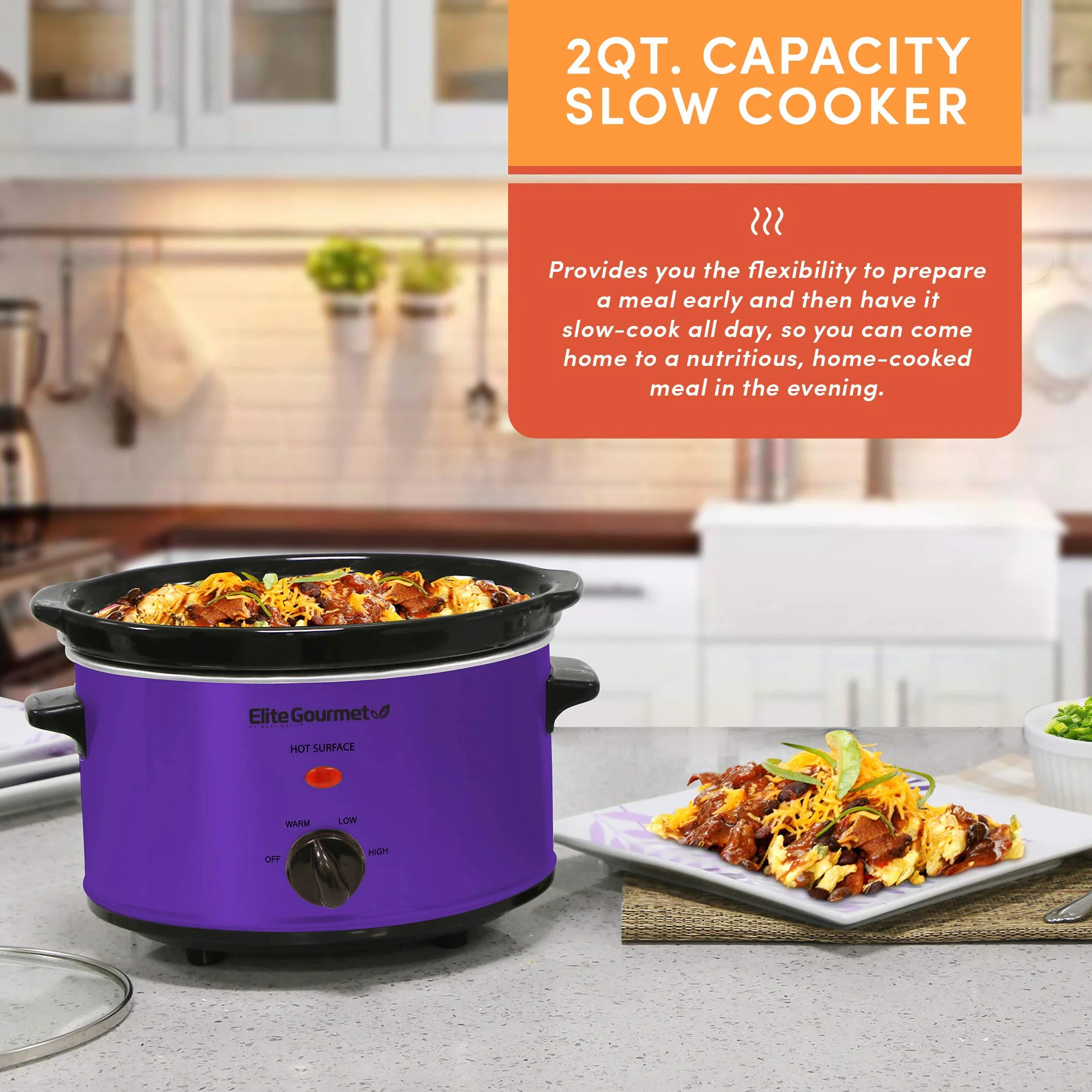 Elite Gourmet MST-275XP Wolnowar Elektryczny 2,27 l Regulowana Temperatura Szklana Pokrywka Fioletowy