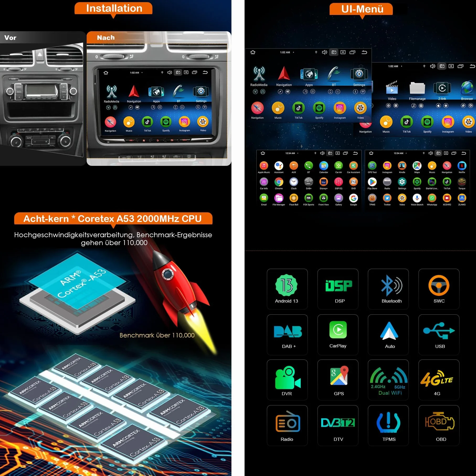 Erisin 8-rdzeniowy 4 GB 64 GB Android 14 radio samochodowe z nawigacją GPS do Skoda Octavia Superb Fabia Combi Roomster Yeti CarPlay 9-calowy ekran dotykowy WiFi DSP DAB+ SWC Canbus