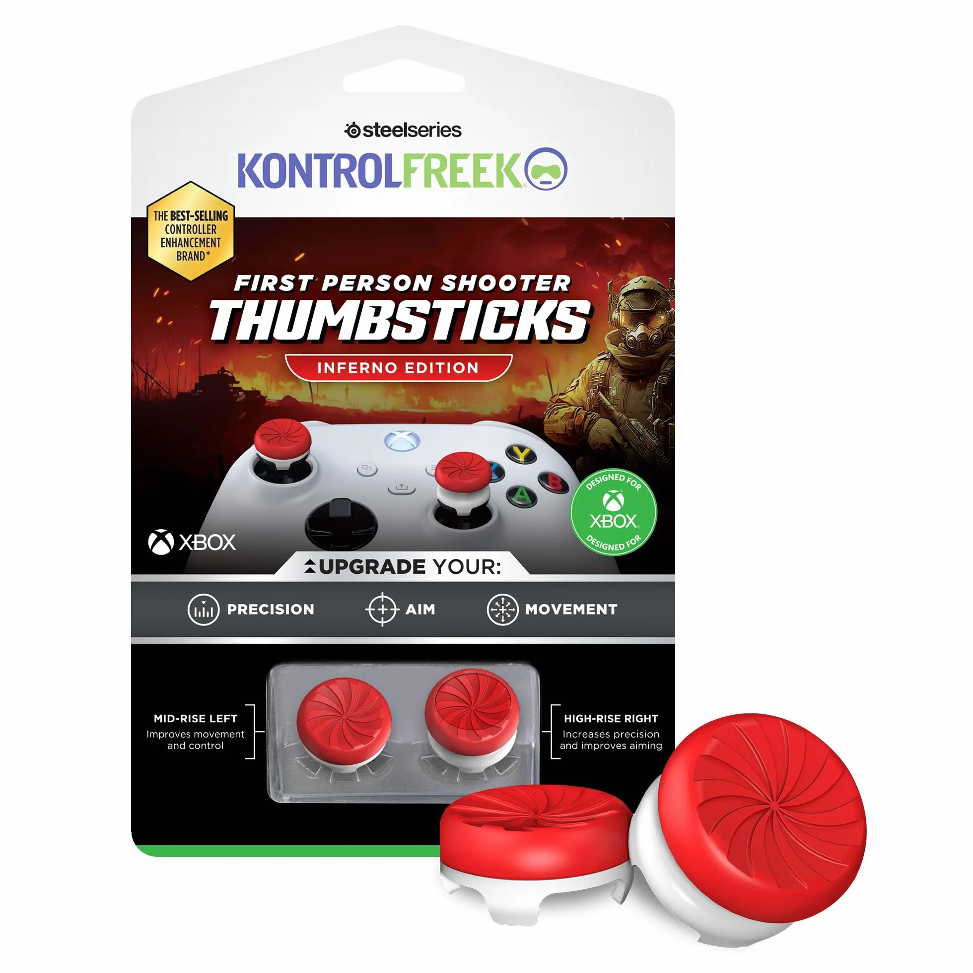 KontrolFreek FPS Freek Inferno do kontrolera Xbox One i Xbox Series X, Performance Thumbsticks, 1 High-Rise, 1 średni stan, czerwony/biały