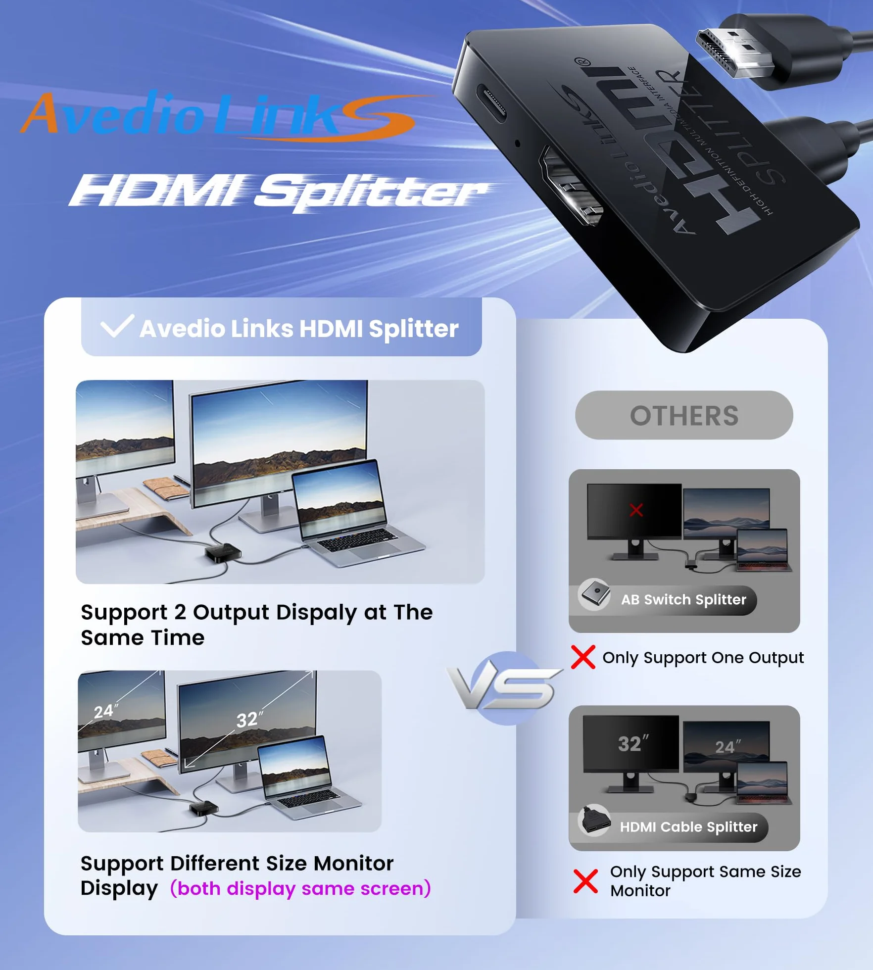 avedio links Rozdzielacz HDMI 1 w 2 Out [z kablem Hdmi 3,9 Ft ] Not for Extended Mode Mirror Same Screen Only, rozdzielacz 4K HDMI 2 monitory jednocześnie, rozdzielacz HDMI 1 w 2 Out do 3D 1080p @60Hz