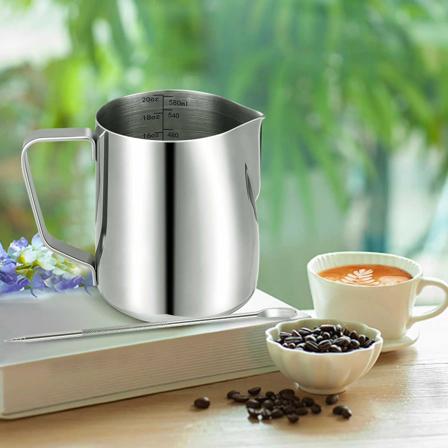 Dzbanek do spieniania mleka do ekspresu do kawy, 600 ml, dzbanek na mleko ze stali nierdzewnej 304, z dekoracyjnym długopisem artystycznym, metalowe akcesoria baristy, do cappuccino, latte i espresso
