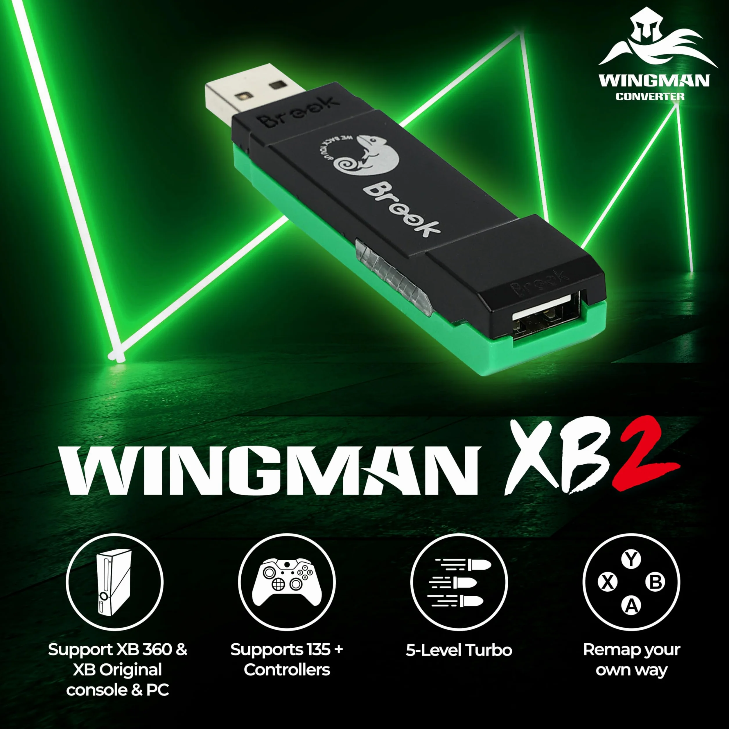 Brook Wingman XB 2 Converter z brelokiem – Bezprzewodowy adapter kontrolera do konsol XB 360, XB Original i PC, obsługuje Remap i regulowany Turbo [Wersja ekskluzywna]